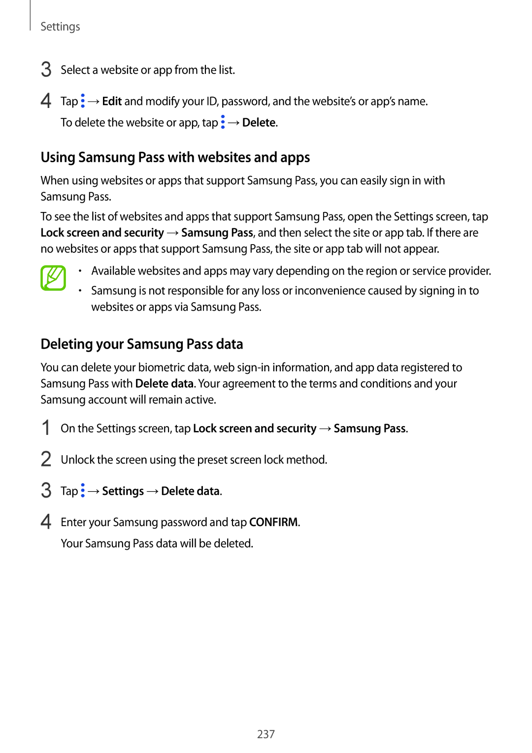 Samsung SM-G960FZBDEUR, SM-G960FZPDDBT manual Using Samsung Pass with websites and apps, Deleting your Samsung Pass data 