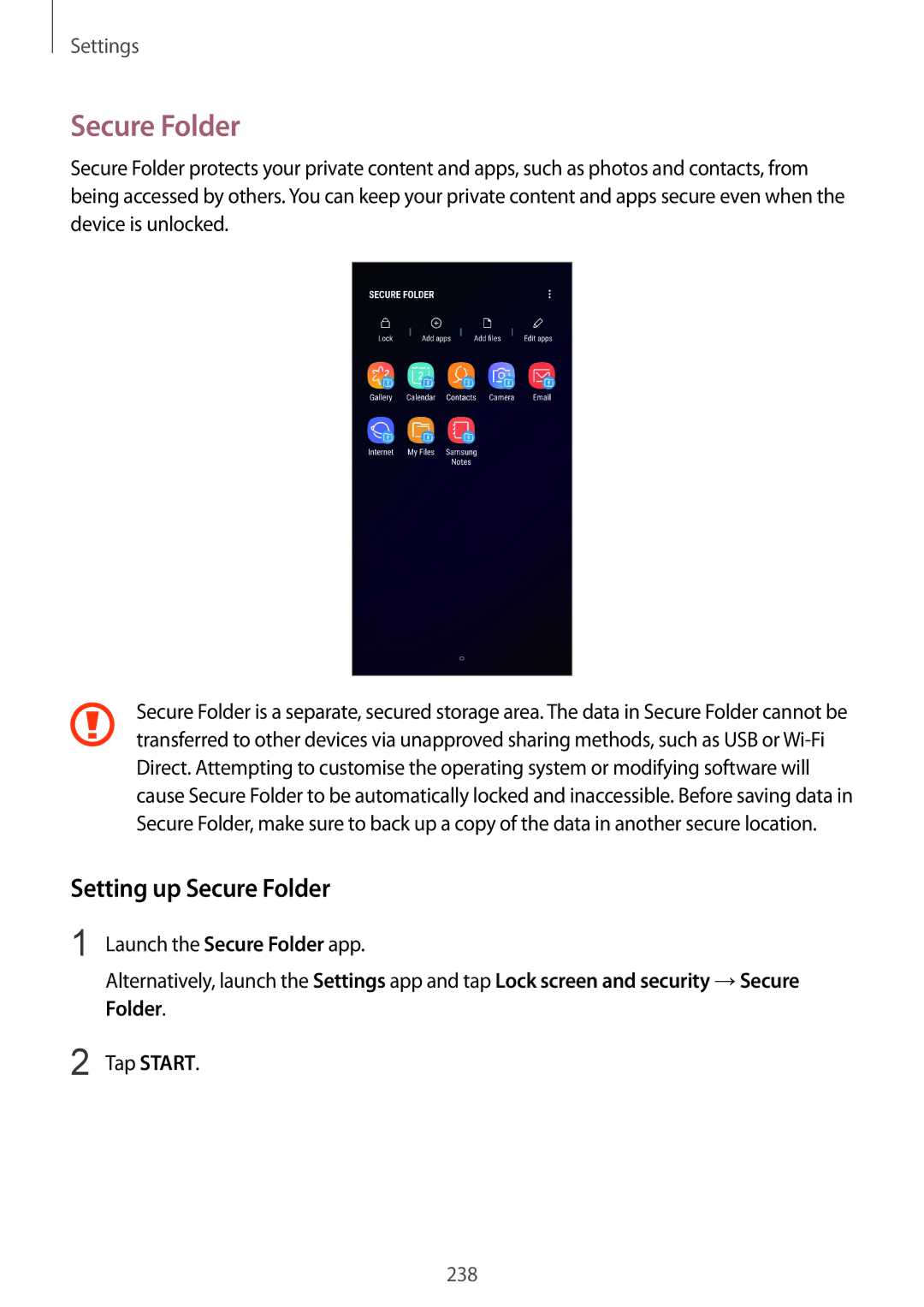 Samsung SM-G960FZBDCYV, SM-G960FZPDDBT manual Setting up Secure Folder, Launch the Secure Folder app, Tap Start 
