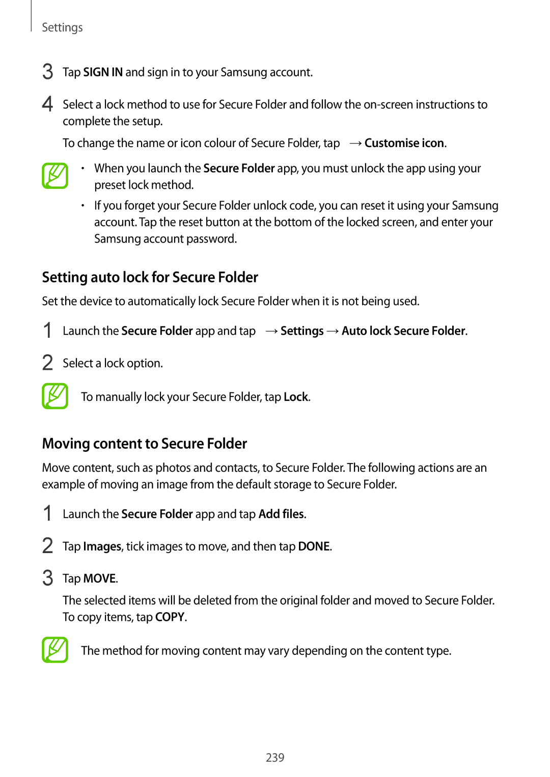Samsung SM-G960FZKDEUR, SM-G960FZPDDBT, SM-G960FZAHDBT Setting auto lock for Secure Folder, Moving content to Secure Folder 