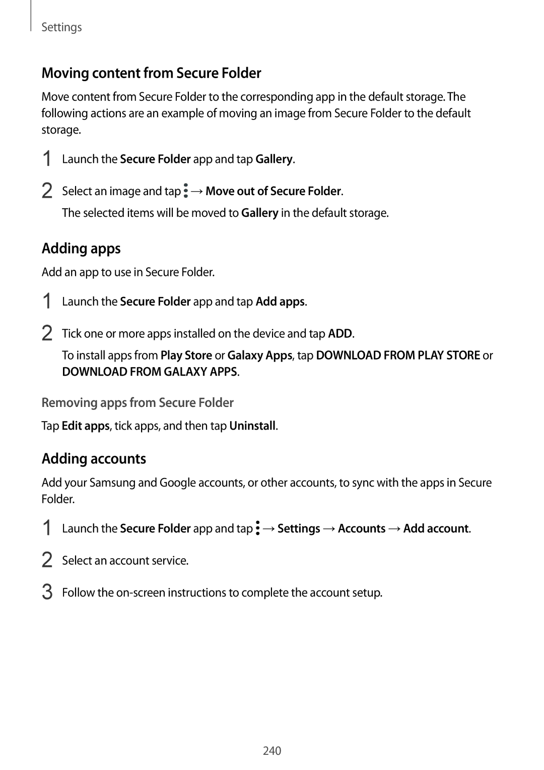 Samsung SM-G960FZBDVGR Moving content from Secure Folder, Adding apps, Adding accounts, Removing apps from Secure Folder 