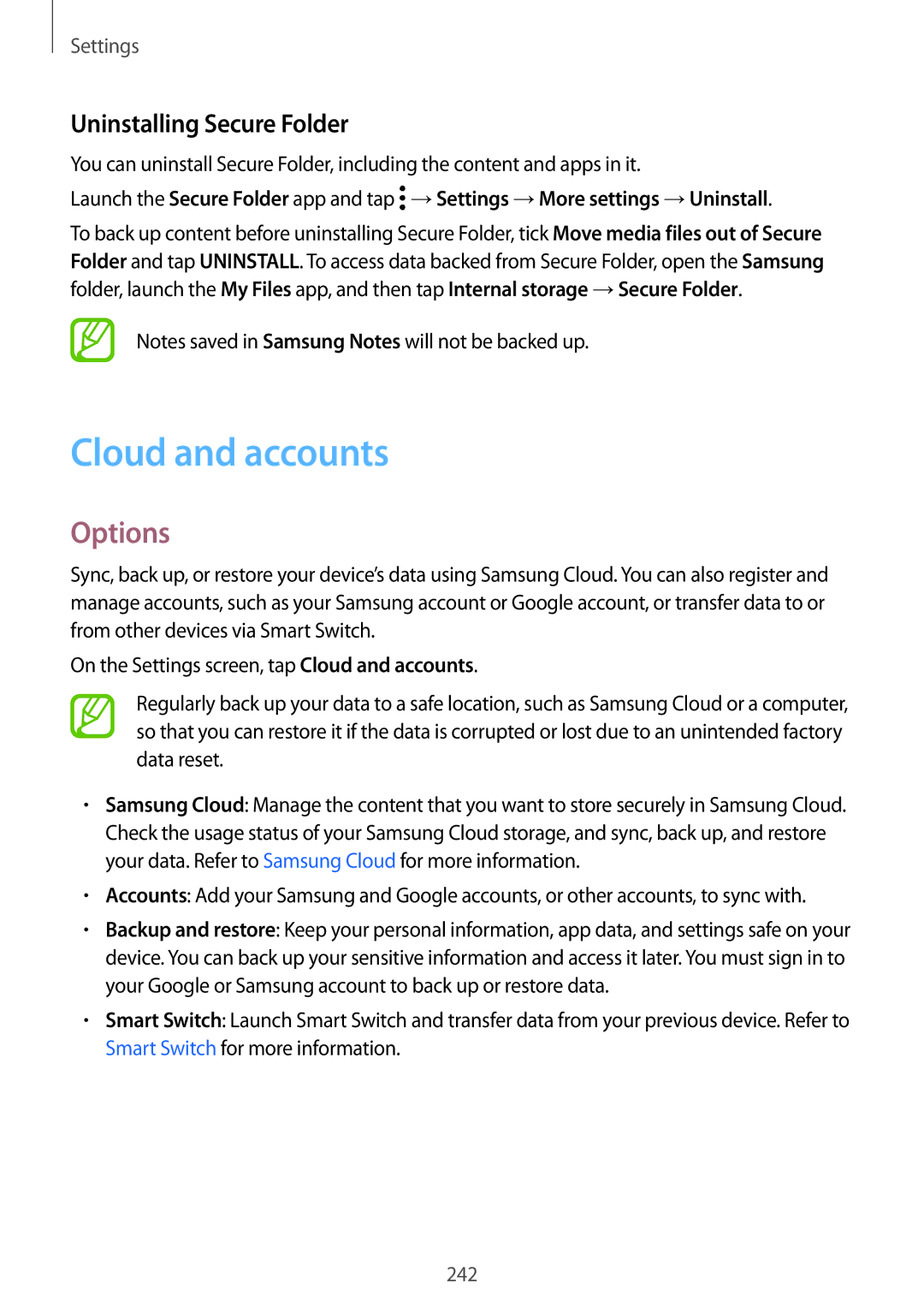 Samsung SM-G965FZKDCOS, SM-G960FZPDDBT, SM-G960FZAHDBT, SM-G960FZBDDBT manual Cloud and accounts, Uninstalling Secure Folder 