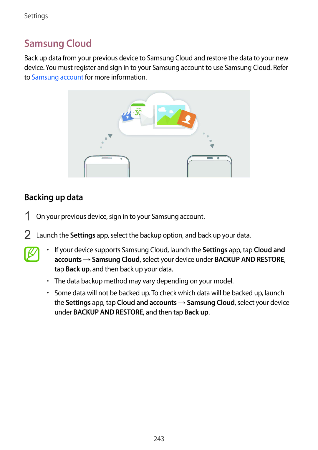 Samsung SM-G965FZPDCOS, SM-G960FZPDDBT, SM-G960FZAHDBT, SM-G960FZBDDBT, SM-G960FZBADBT manual Samsung Cloud, Backing up data 