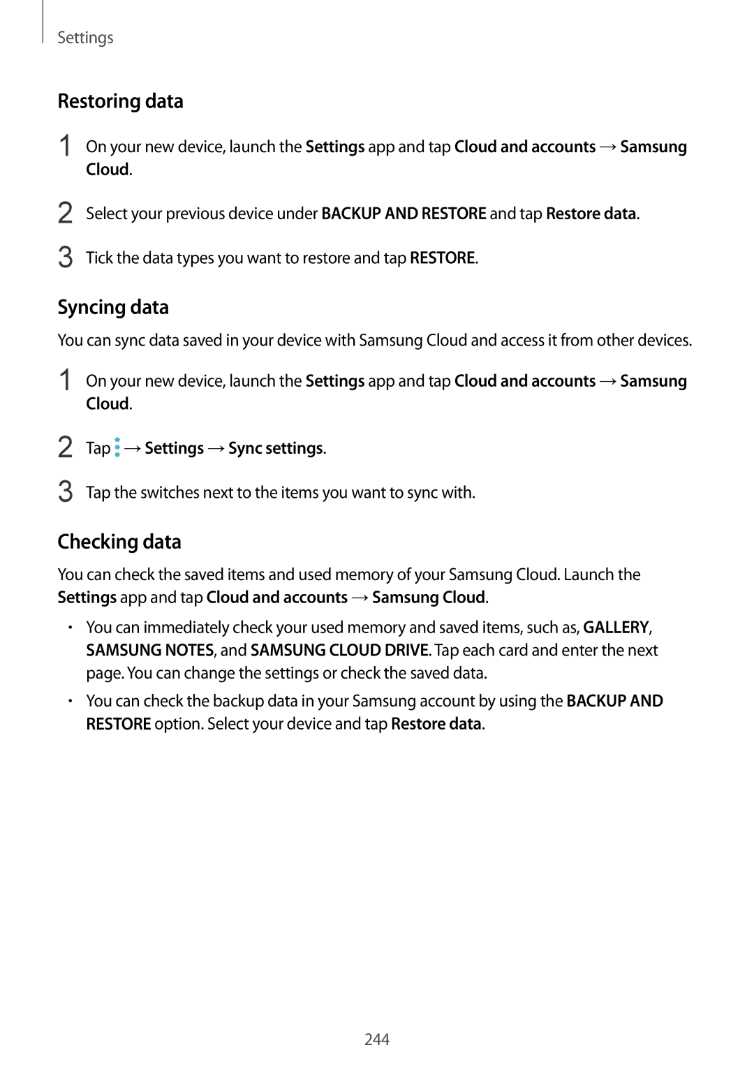 Samsung SM-G960FZPDEUR, SM-G960FZPDDBT Restoring data, Syncing data, Checking data, Cloud, Tap →Settings →Sync settings 