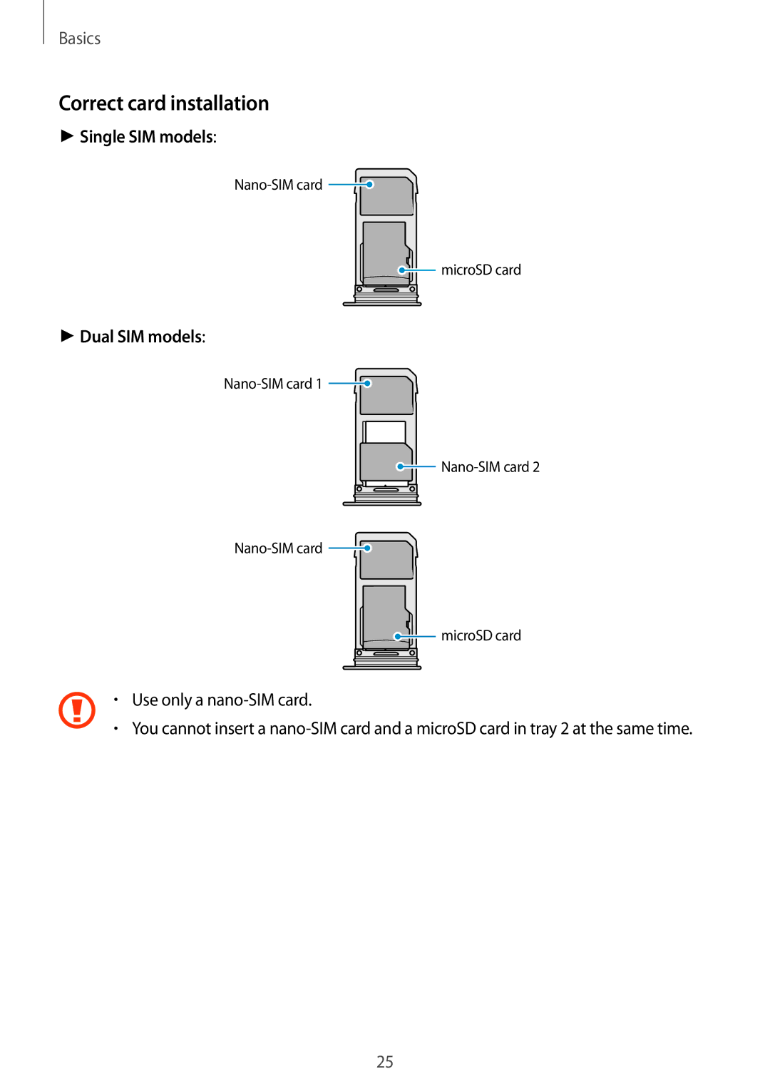 Samsung SM-G965FZPAOMN, SM-G960FZPDDBT, SM-G960FZAHDBT, SM-G960FZBDDBT Correct card installation, Use only a nano-SIM card 