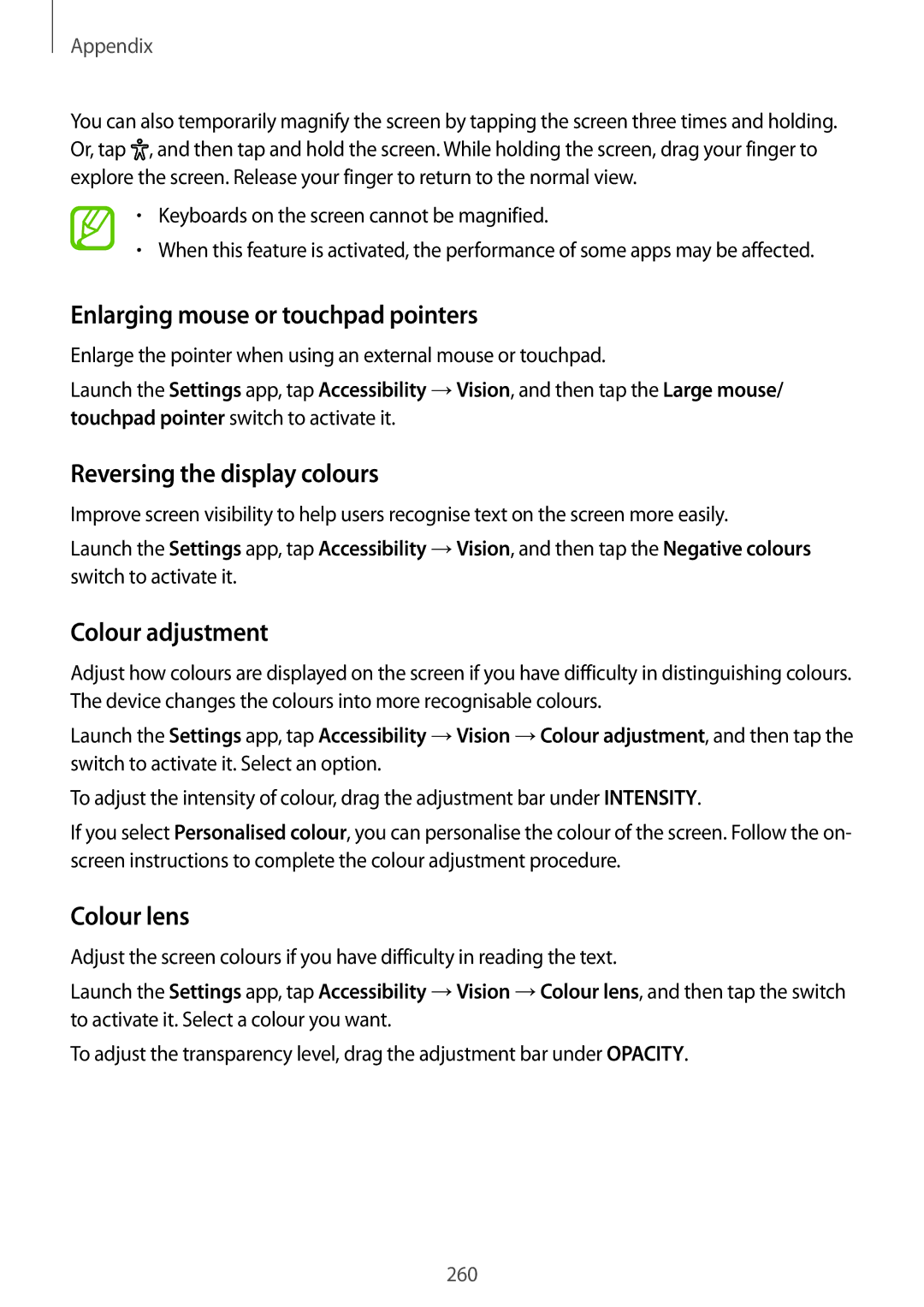 Samsung SM-G965FZPDSER Enlarging mouse or touchpad pointers, Reversing the display colours, Colour adjustment, Colour lens 