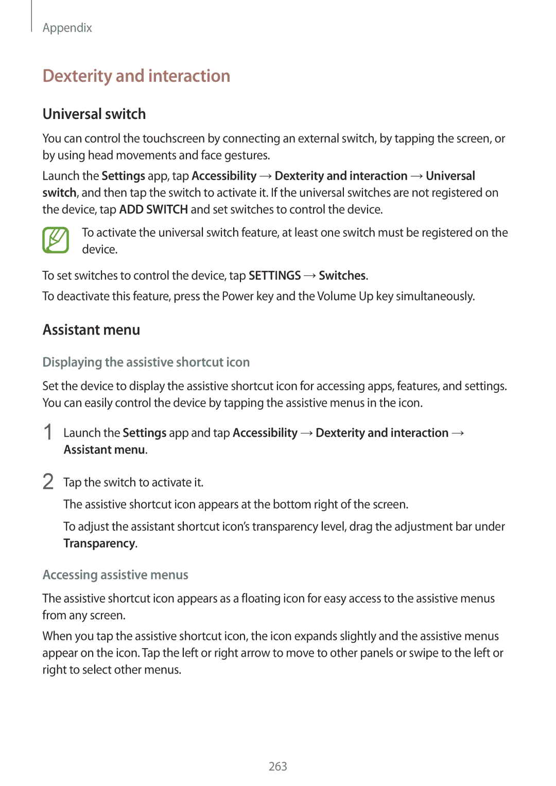 Samsung SM-G960FZADSER Dexterity and interaction, Universal switch, Assistant menu, Displaying the assistive shortcut icon 