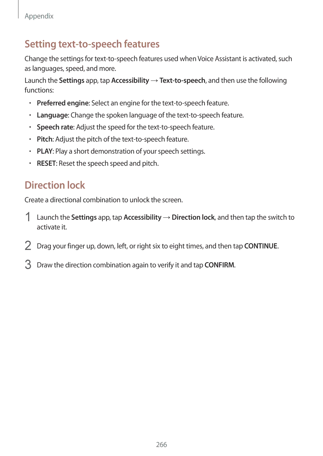 Samsung SM-G960FZBDDBT, SM-G960FZPDDBT, SM-G960FZAHDBT, SM-G960FZBADBT manual Setting text-to-speech features, Direction lock 