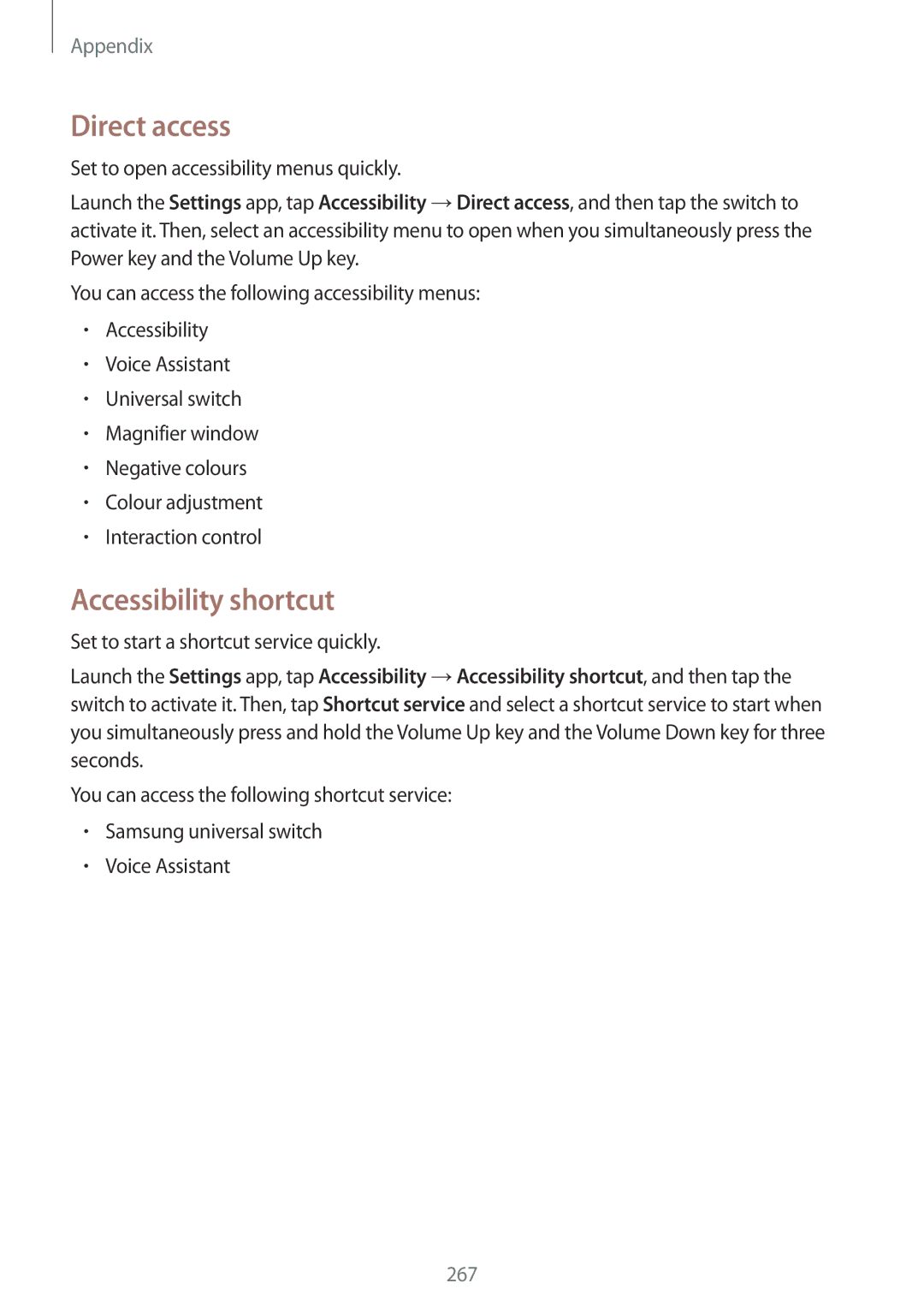 Samsung SM-G960FZBADBT, SM-G960FZPDDBT manual Direct access, Accessibility shortcut, Set to start a shortcut service quickly 