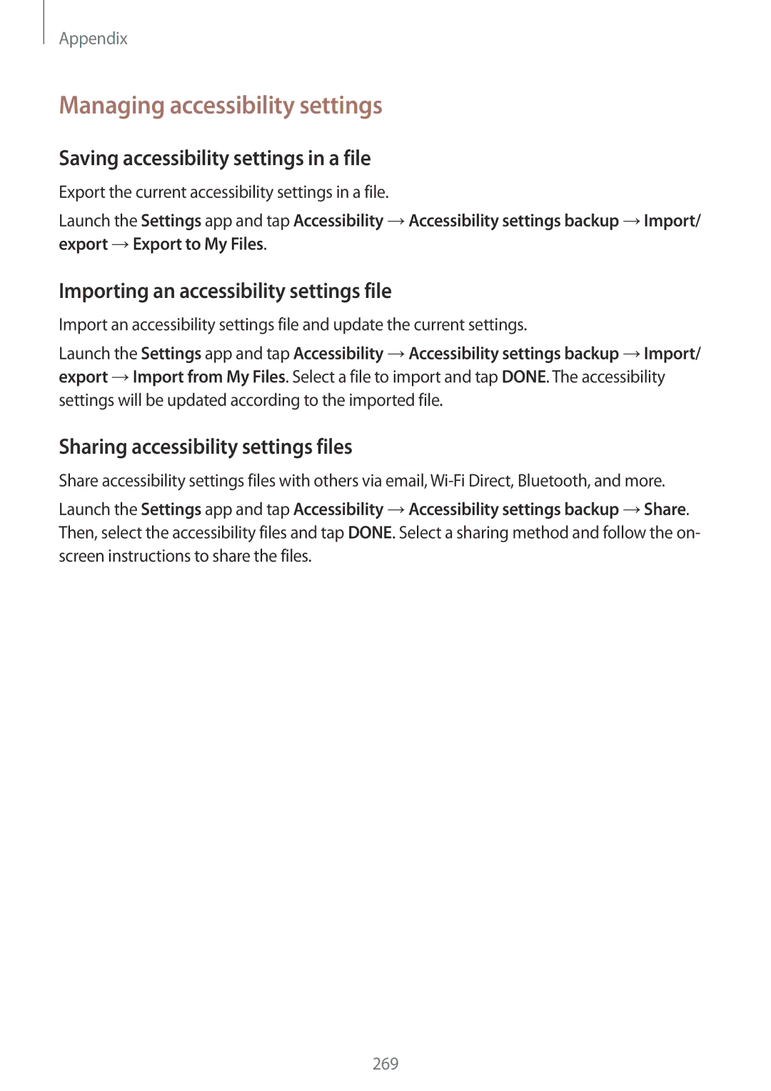 Samsung SM-G965FZKADBT, SM-G960FZPDDBT manual Managing accessibility settings, Saving accessibility settings in a file 