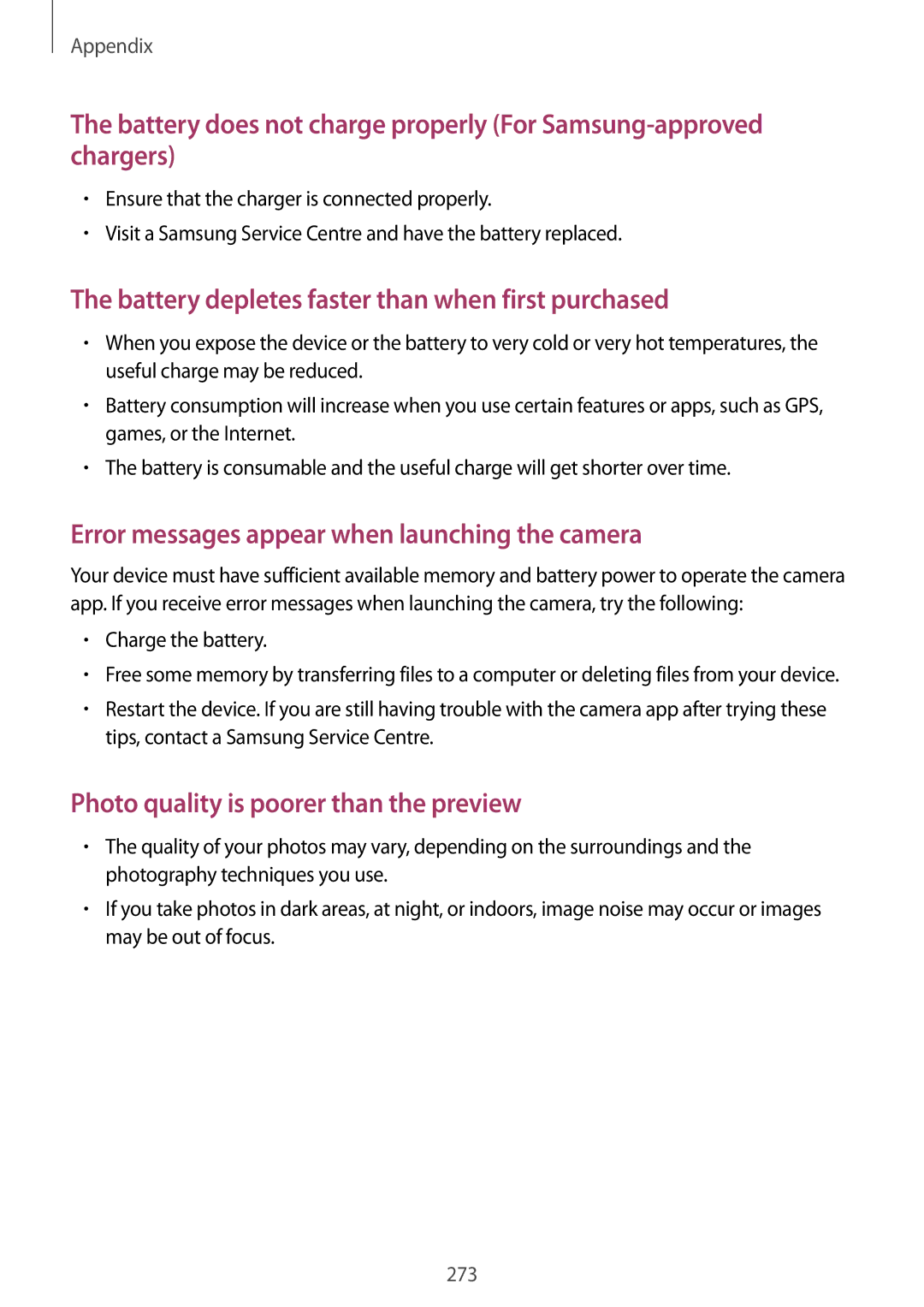 Samsung SM-G965FZKHDBT, SM-G960FZPDDBT manual Battery depletes faster than when first purchased, Charge the battery 