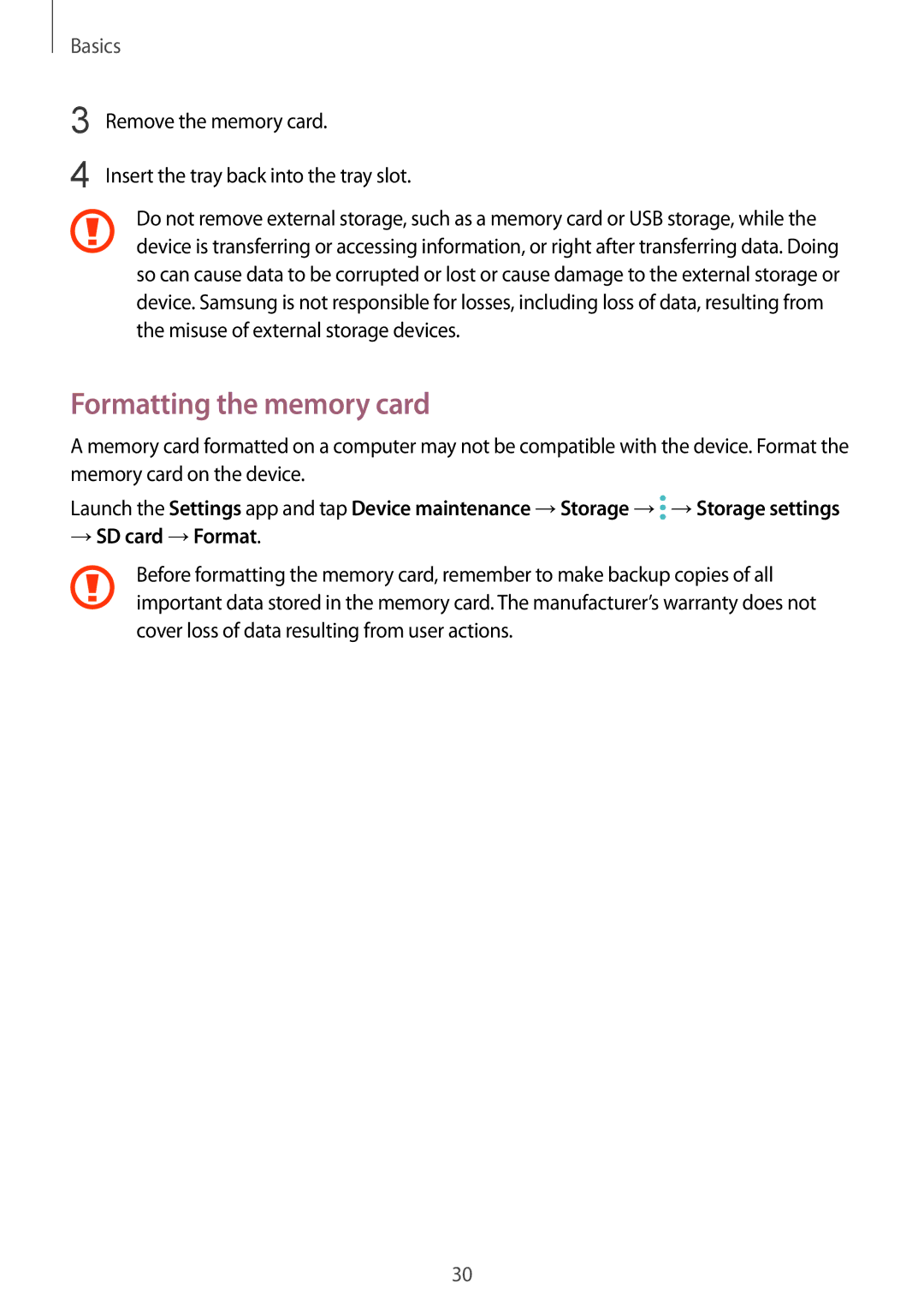 Samsung SM-G960FZPAHUI, SM-G960FZPDDBT, SM-G960FZAHDBT, SM-G960FZBDDBT manual Formatting the memory card, → SD card →Format 