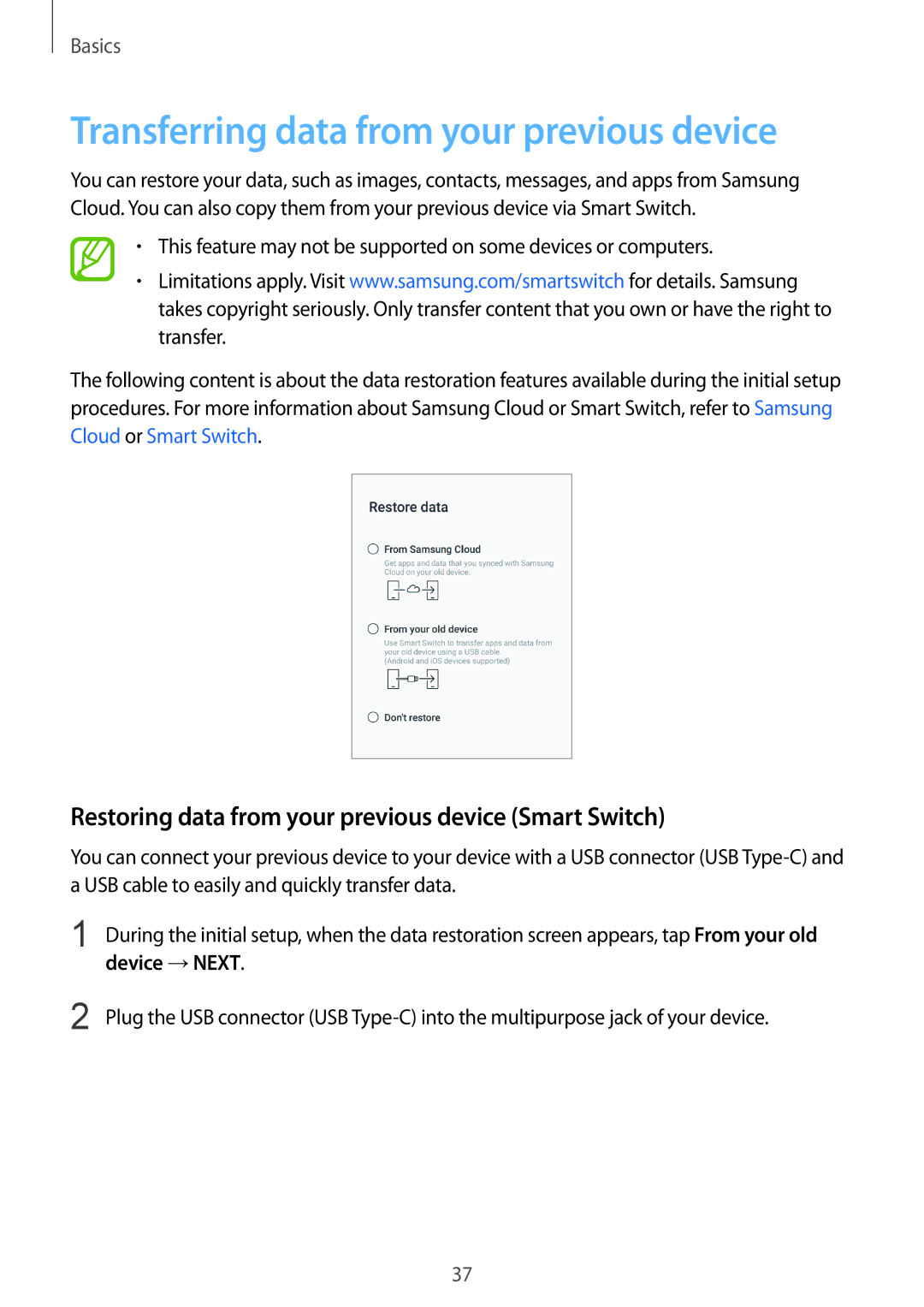 Samsung SM-G960FZBAOMN Transferring data from your previous device, Restoring data from your previous device Smart Switch 