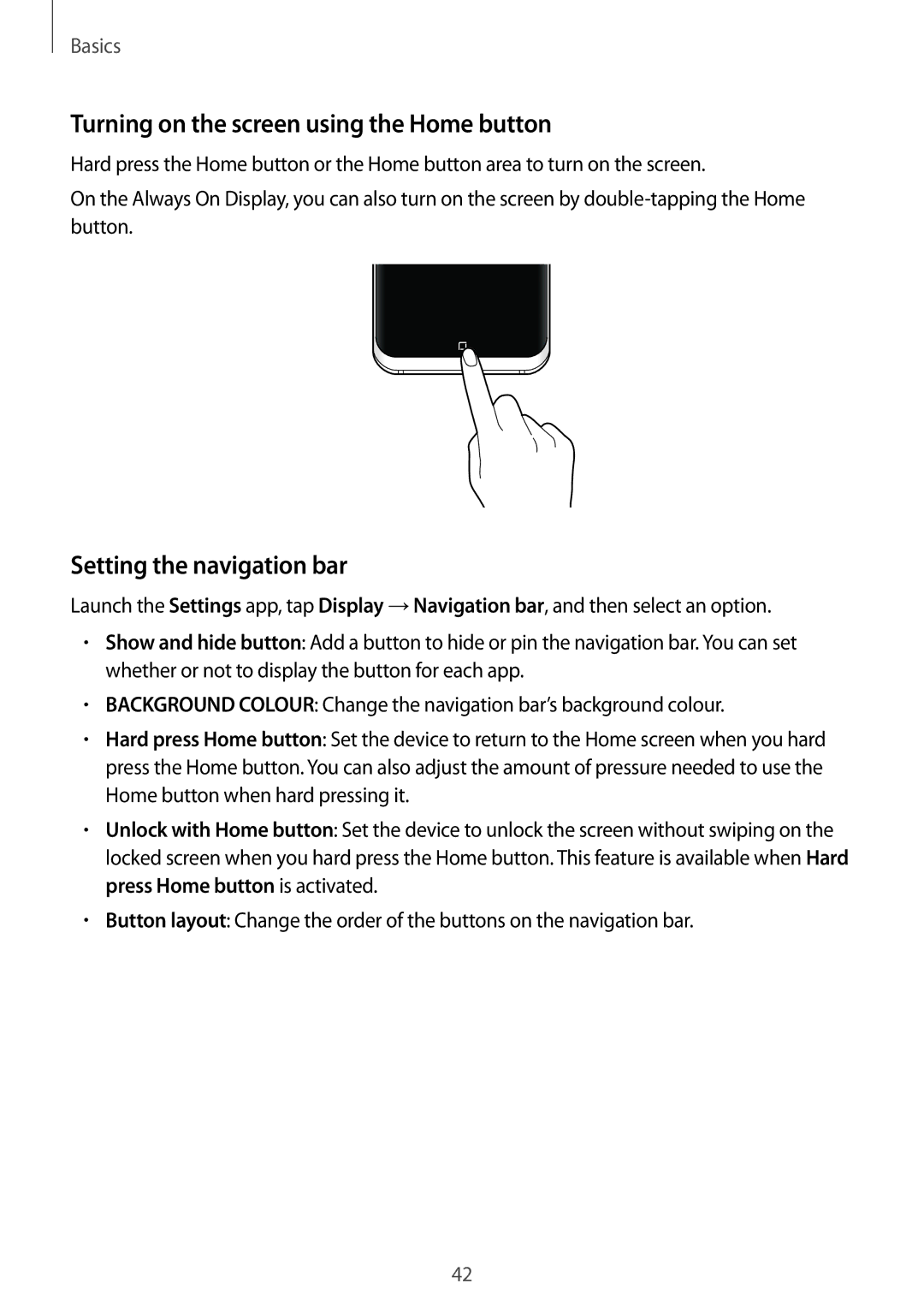 Samsung SM-G965FZKAATL, SM-G960FZPDDBT manual Turning on the screen using the Home button, Setting the navigation bar 