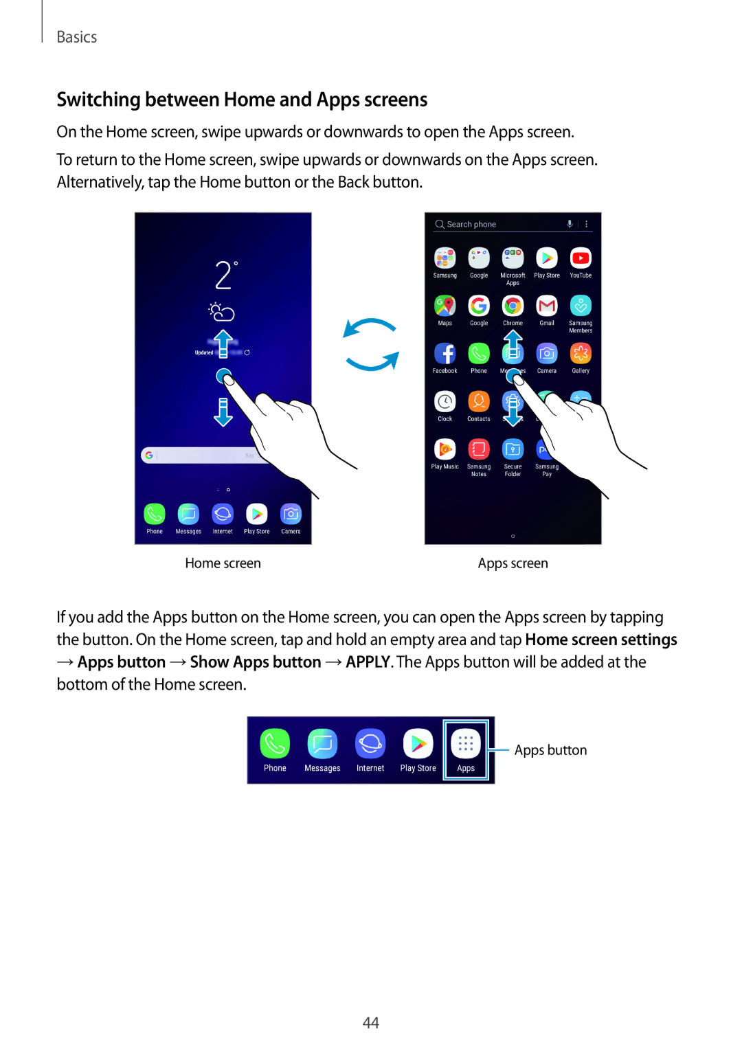 Samsung SM-G965FZKASEE, SM-G960FZPDDBT, SM-G960FZAHDBT, SM-G960FZBDDBT manual Switching between Home and Apps screens 