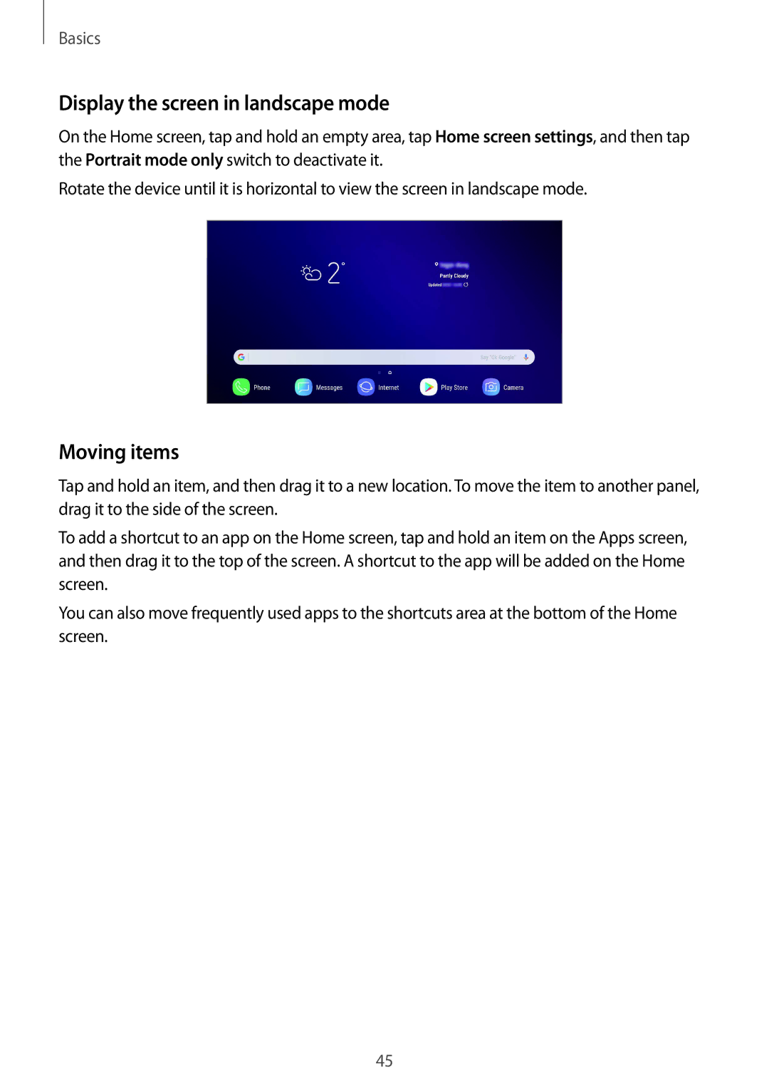 Samsung SM-G965FZBASEE, SM-G960FZPDDBT, SM-G960FZAHDBT, SM-G960FZBDDBT Display the screen in landscape mode, Moving items 