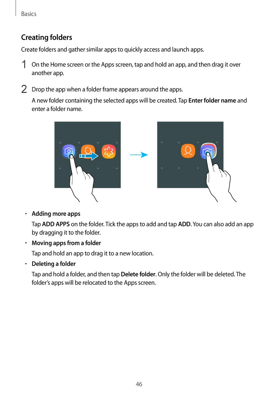 Samsung SM-G960FZBASEE, SM-G960FZPDDBT Creating folders, Adding more apps, Moving apps from a folder, Deleting a folder 