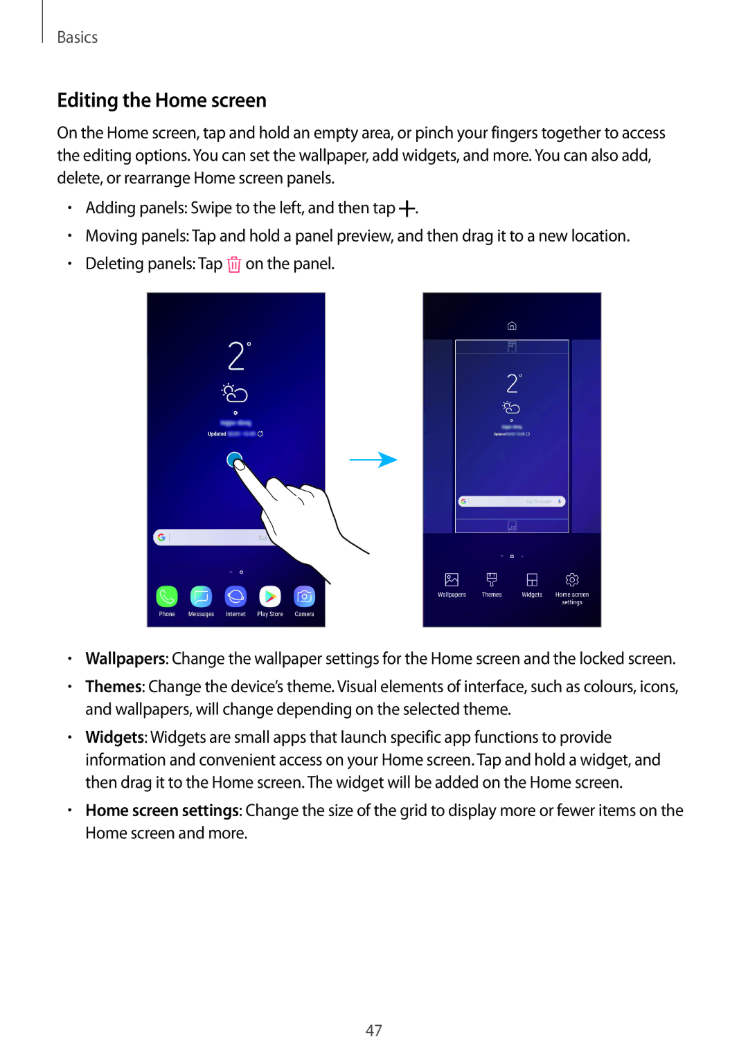 Samsung SM-G960FZPASEE, SM-G960FZPDDBT, SM-G960FZAHDBT, SM-G960FZBDDBT, SM-G960FZBADBT, SM-G960FZPADBT Editing the Home screen 