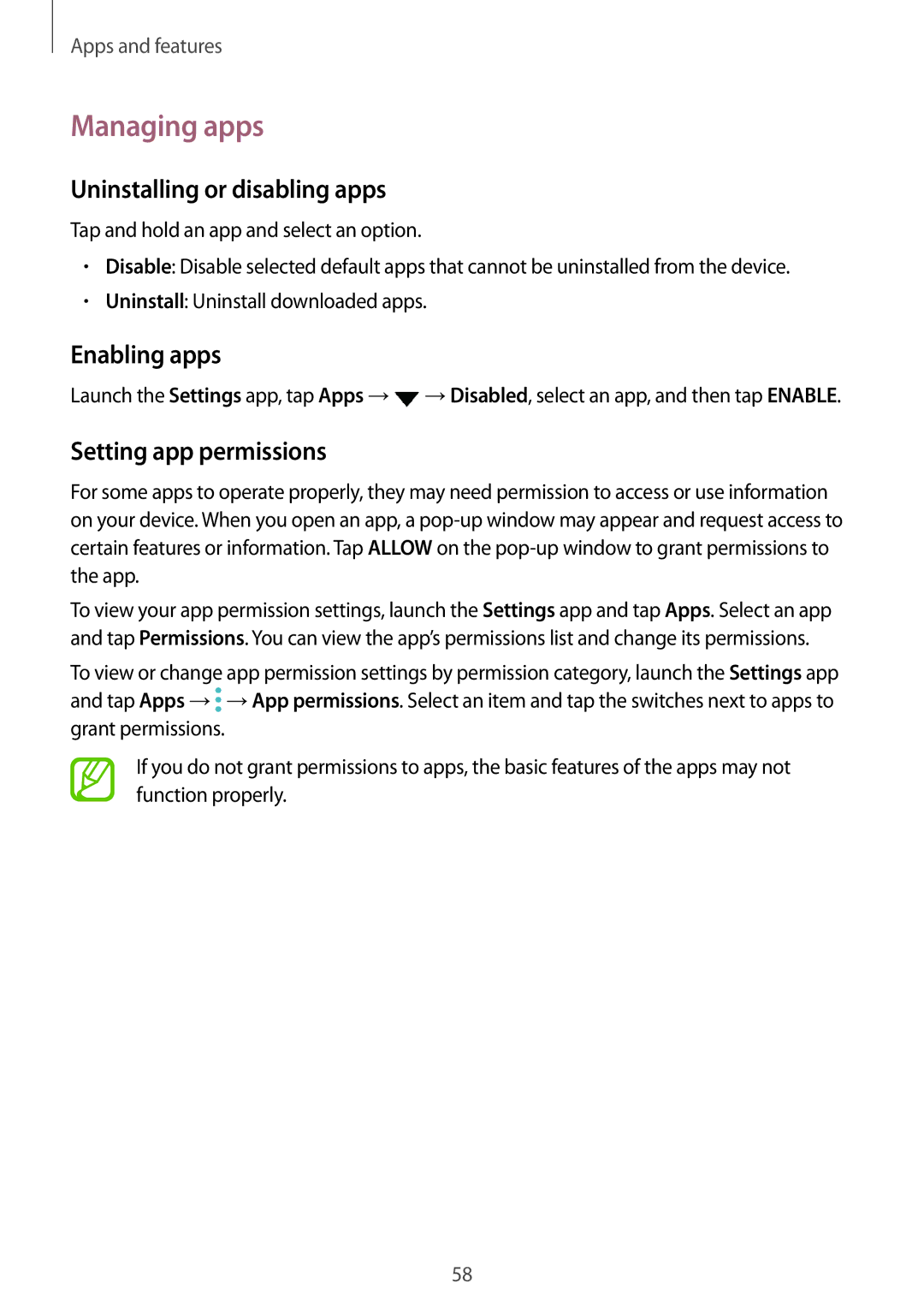 Samsung SM-G965FZKDBGL manual Managing apps, Uninstalling or disabling apps, Enabling apps, Setting app permissions 
