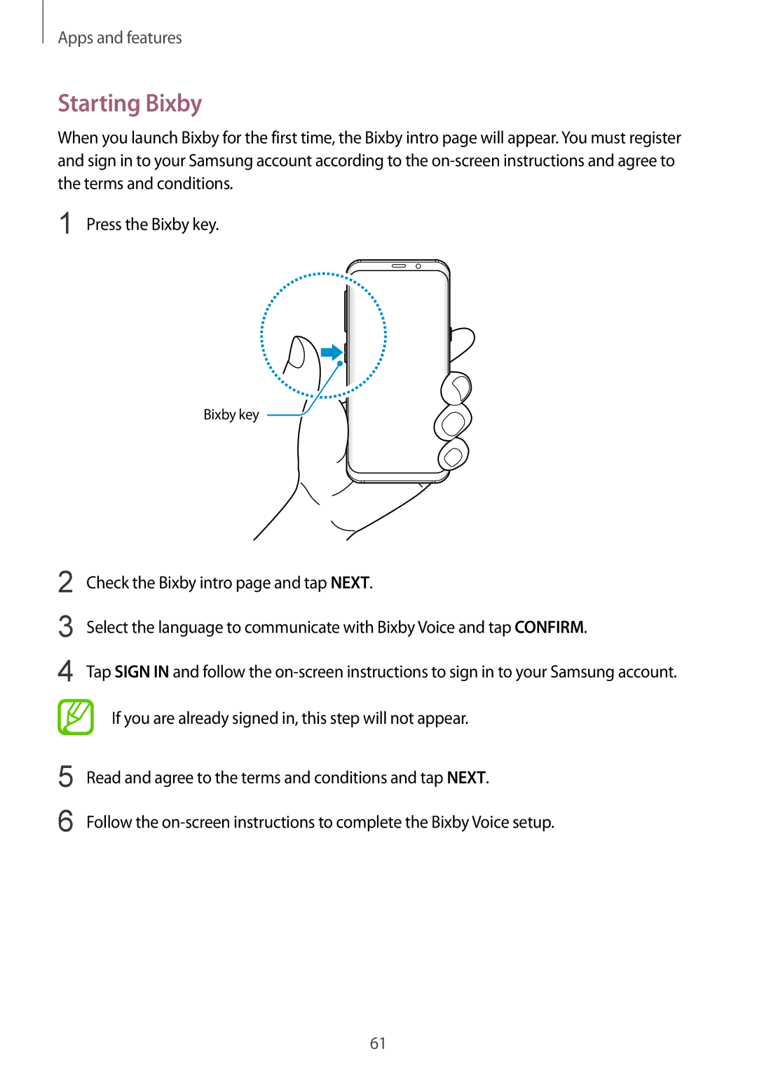 Samsung SM-G960FZPDSEE, SM-G960FZPDDBT, SM-G960FZAHDBT manual Starting Bixby, Check the Bixby intro page and tap Next 