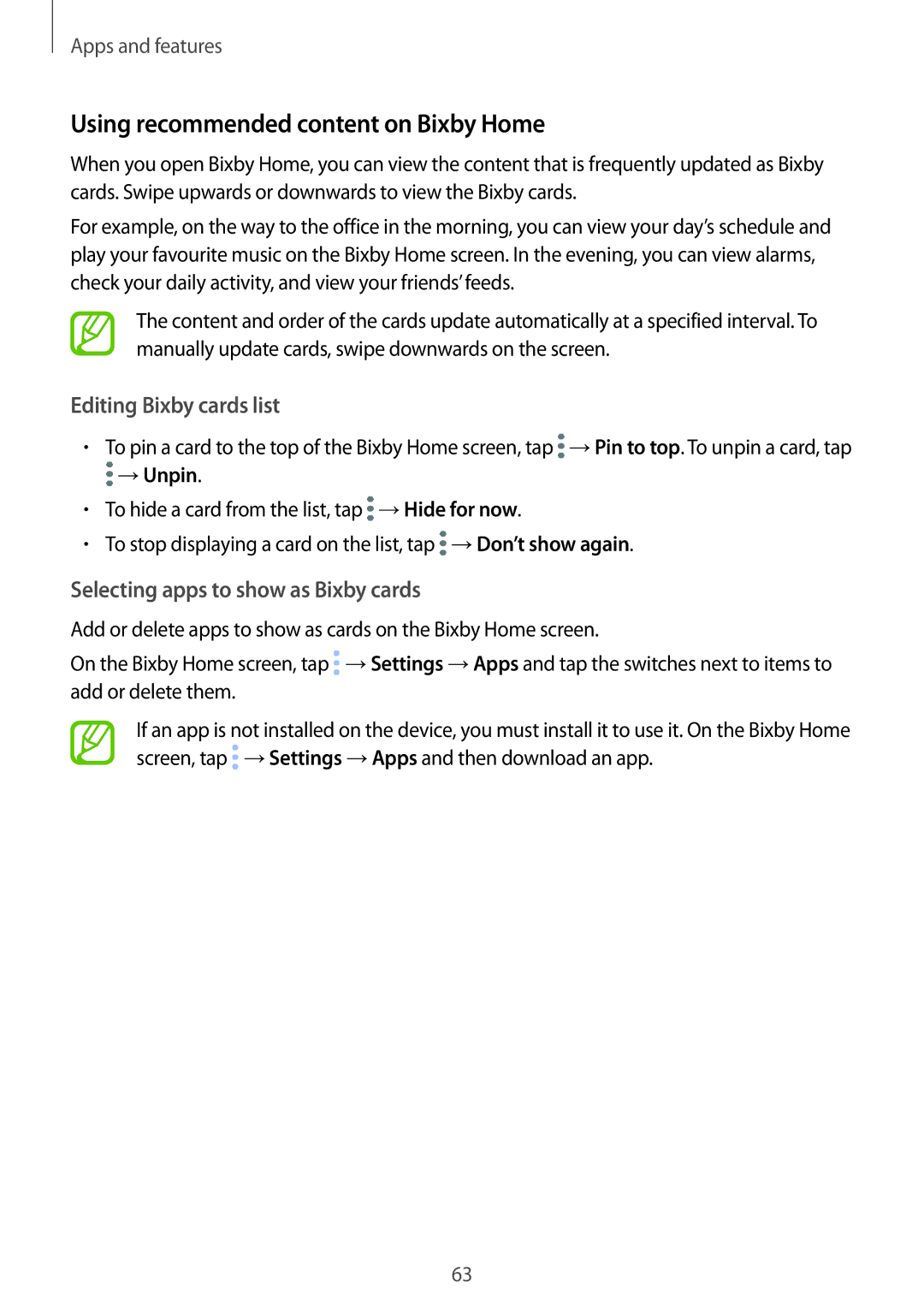 Samsung SM-G960FZBDSEE, SM-G960FZPDDBT manual Using recommended content on Bixby Home, Editing Bixby cards list, →Unpin 