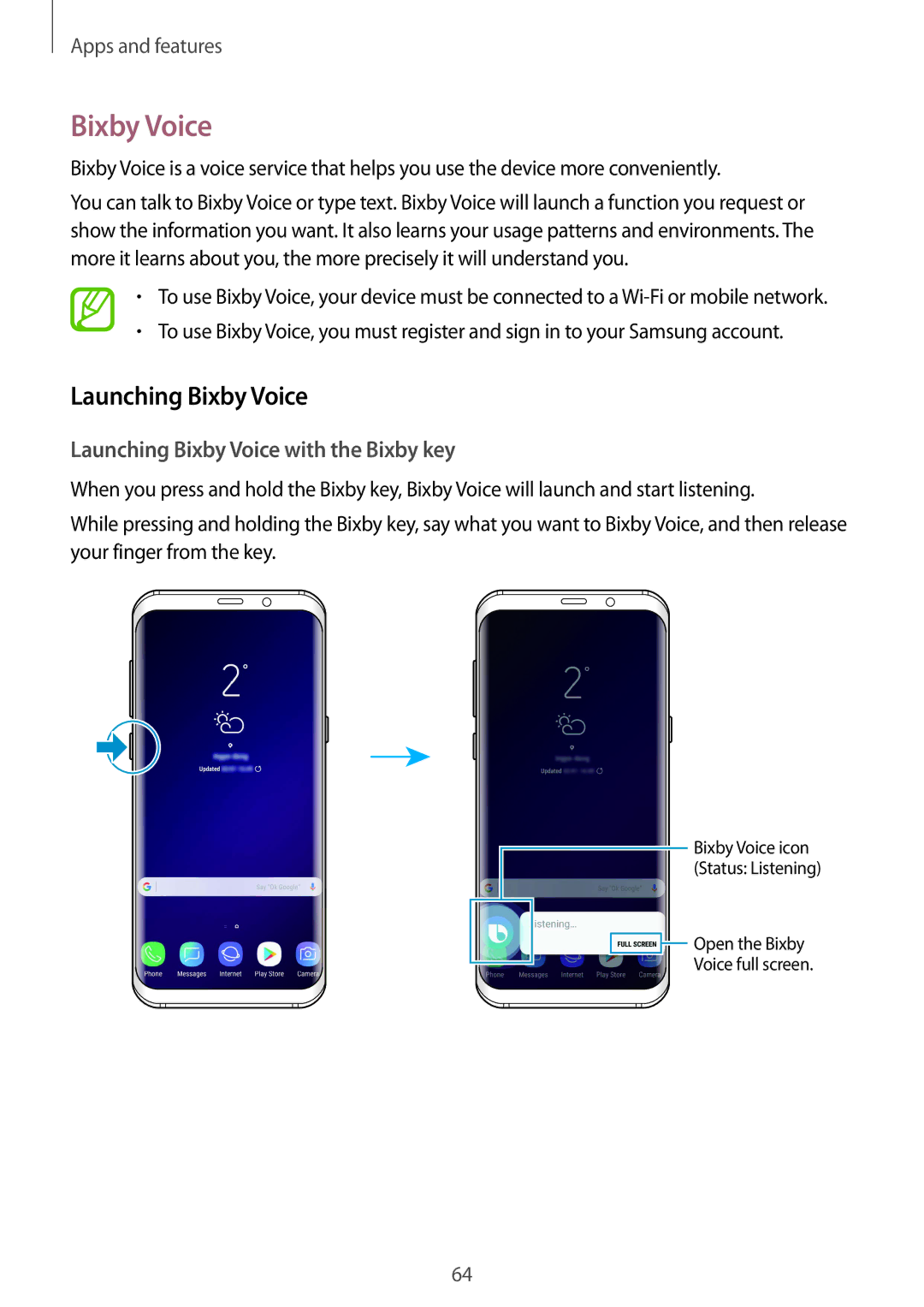 Samsung SM-G960FZKDSEE, SM-G960FZPDDBT, SM-G960FZAHDBT, SM-G960FZBDDBT manual Launching Bixby Voice with the Bixby key 