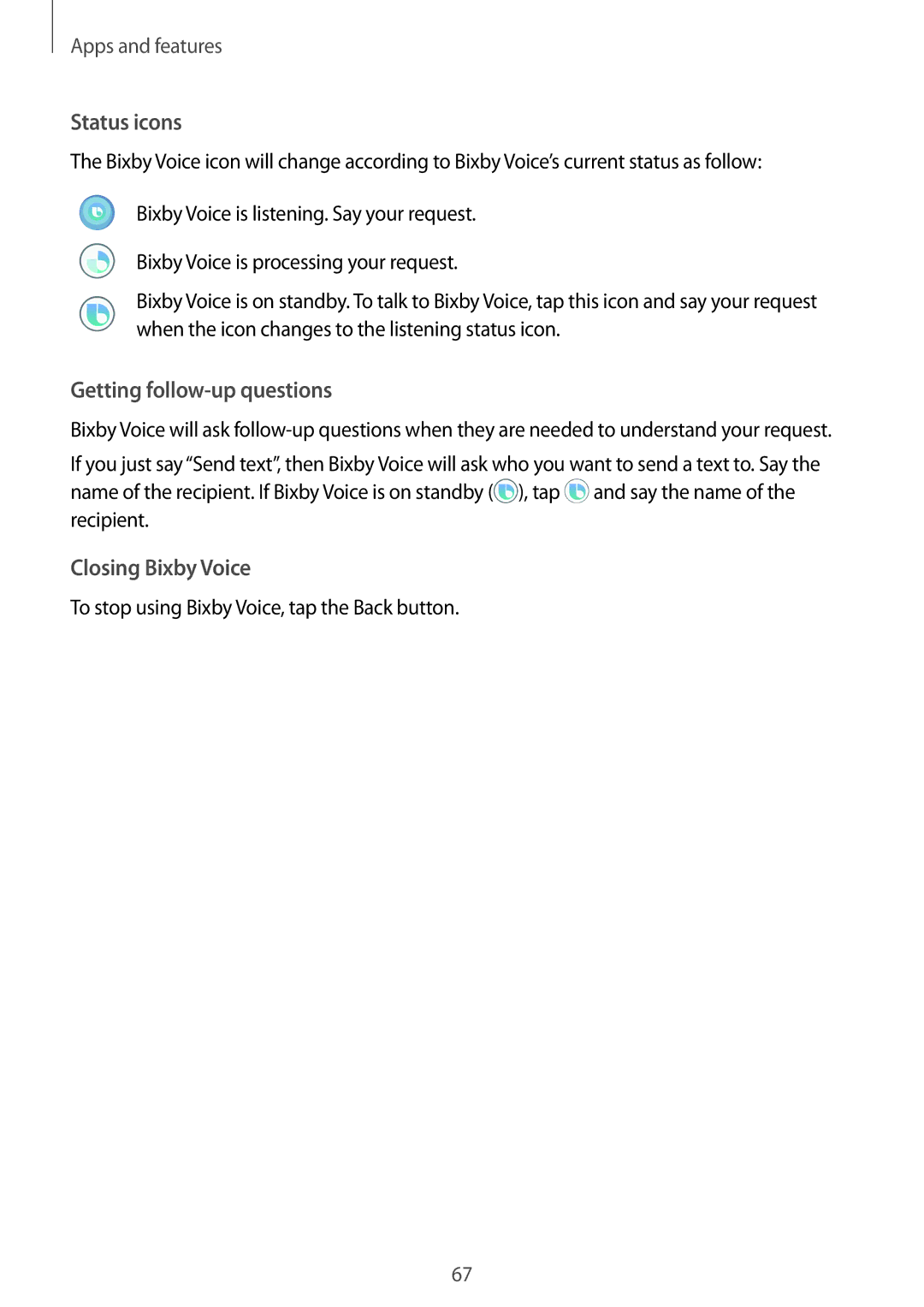 Samsung SM-G960FZKACRO, SM-G960FZPDDBT, SM-G960FZAHDBT manual Status icons, Getting follow-up questions, Closing Bixby Voice 
