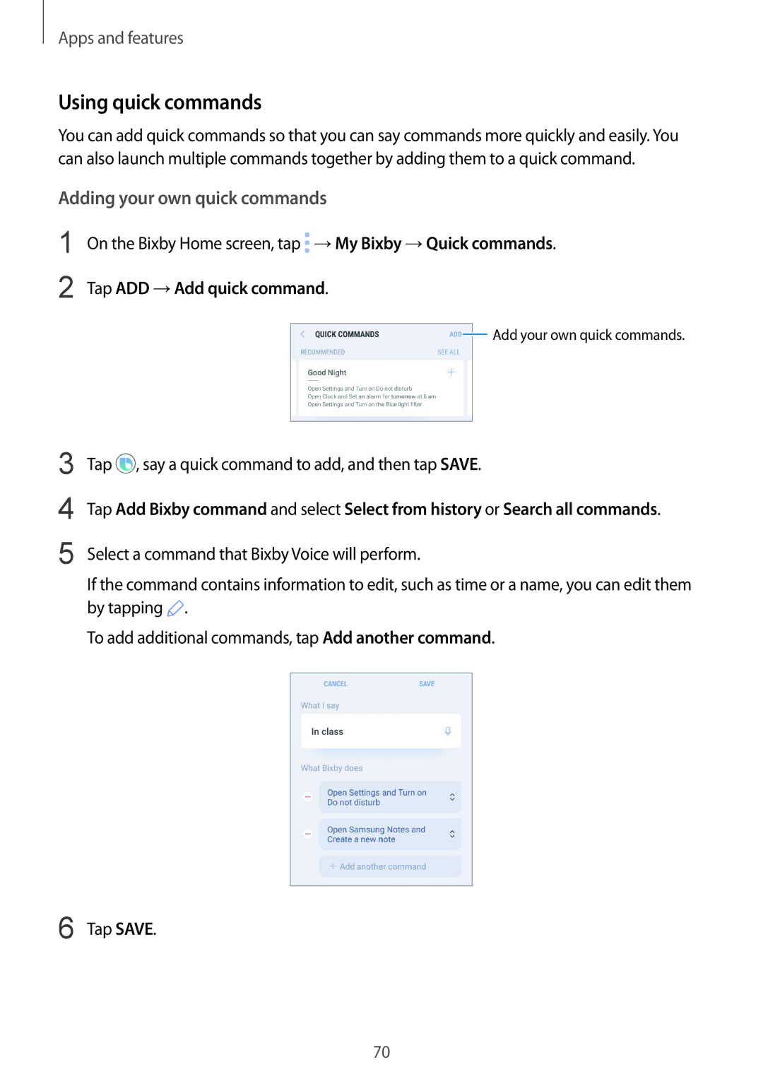 Samsung SM-G960FZBAO2C, SM-G960FZPDDBT Using quick commands, Adding your own quick commands, Tap ADD →Add quick command 