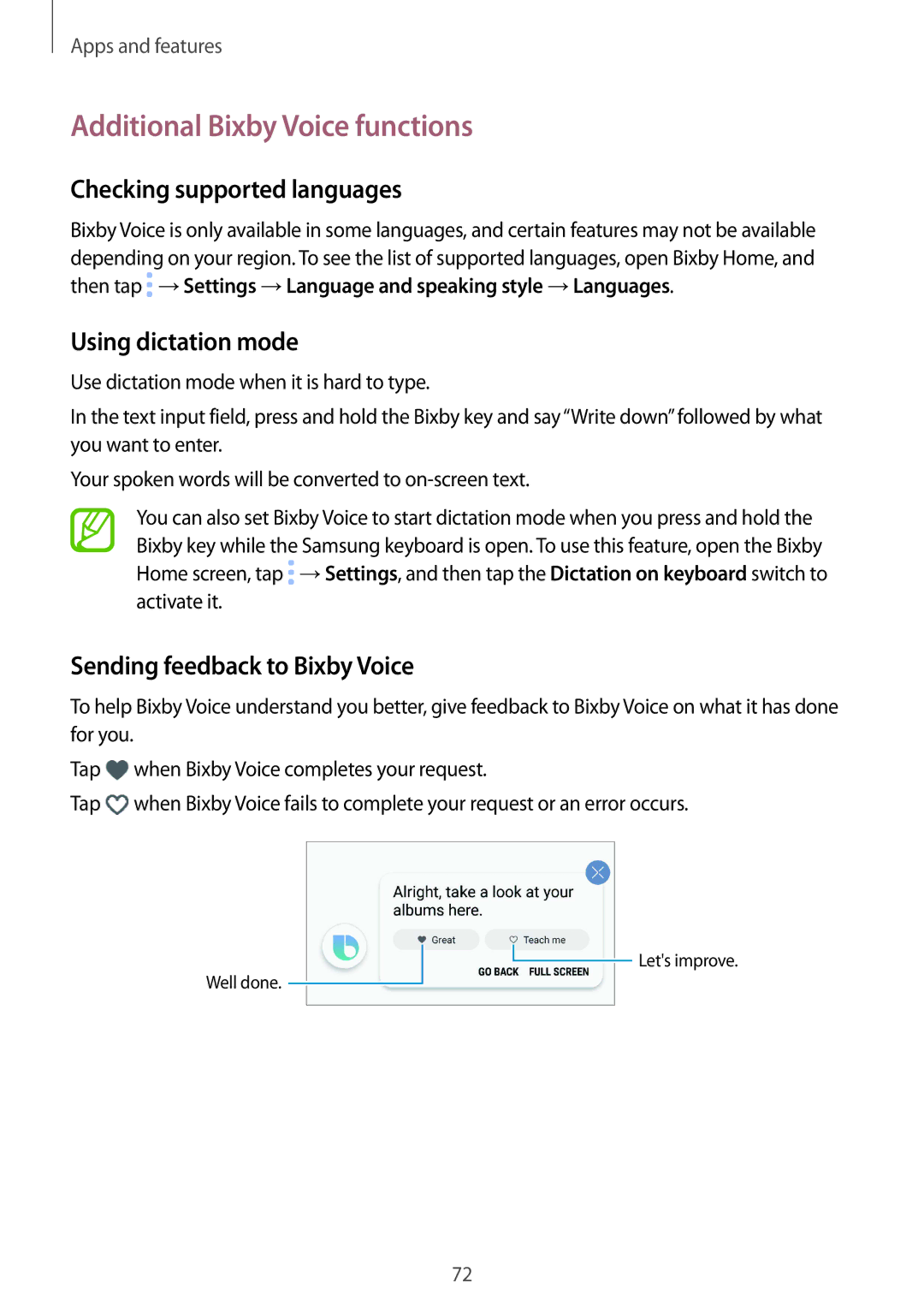 Samsung SM-G960FZKAO2C manual Additional Bixby Voice functions, Checking supported languages, Using dictation mode 