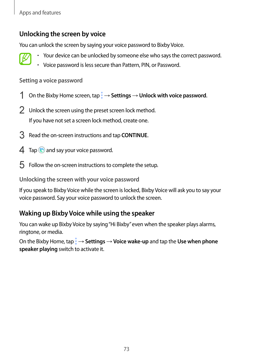 Samsung SM-G965FZPAO2C, SM-G960FZPDDBT manual Unlocking the screen by voice, Waking up Bixby Voice while using the speaker 