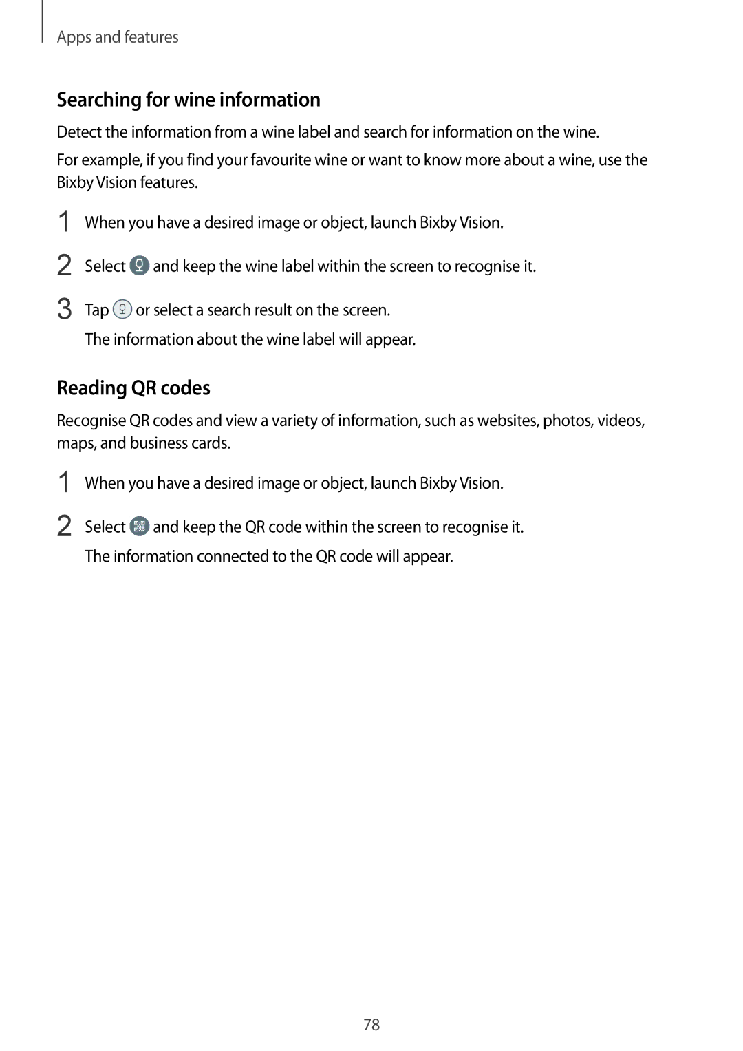 Samsung SM-G960FZBDXEZ, SM-G960FZPDDBT, SM-G960FZAHDBT, SM-G960FZBDDBT manual Searching for wine information, Reading QR codes 