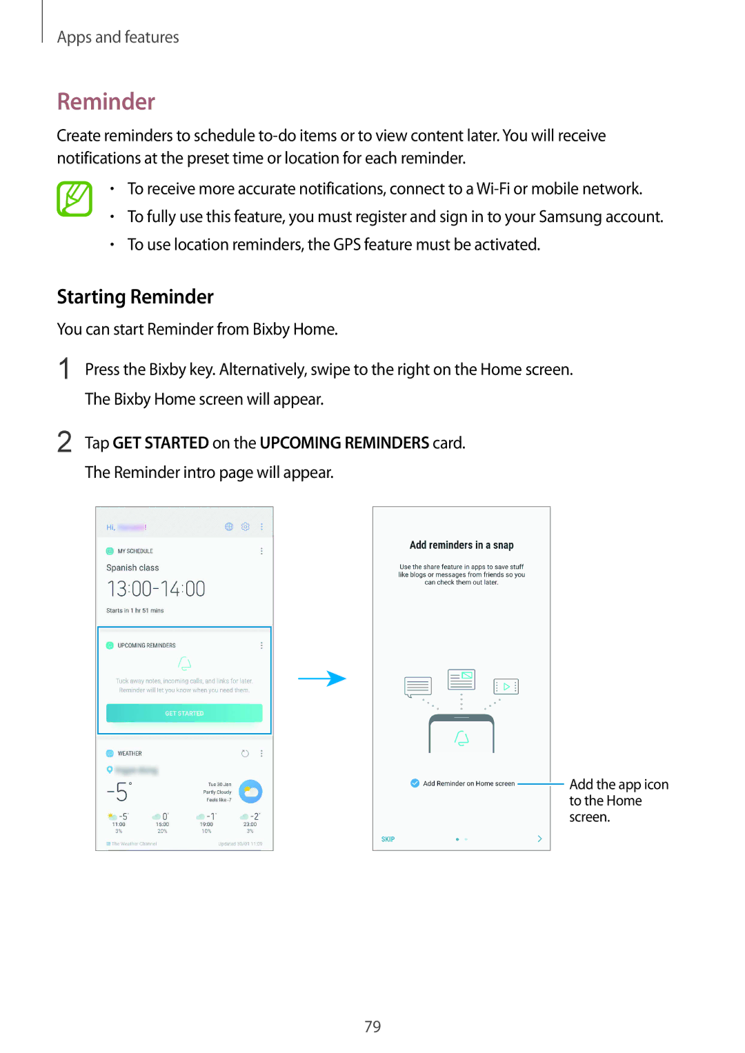 Samsung SM-G960FZKDNEE, SM-G960FZPDDBT manual Starting Reminder, Tap GET Started on the Upcoming Reminders card 