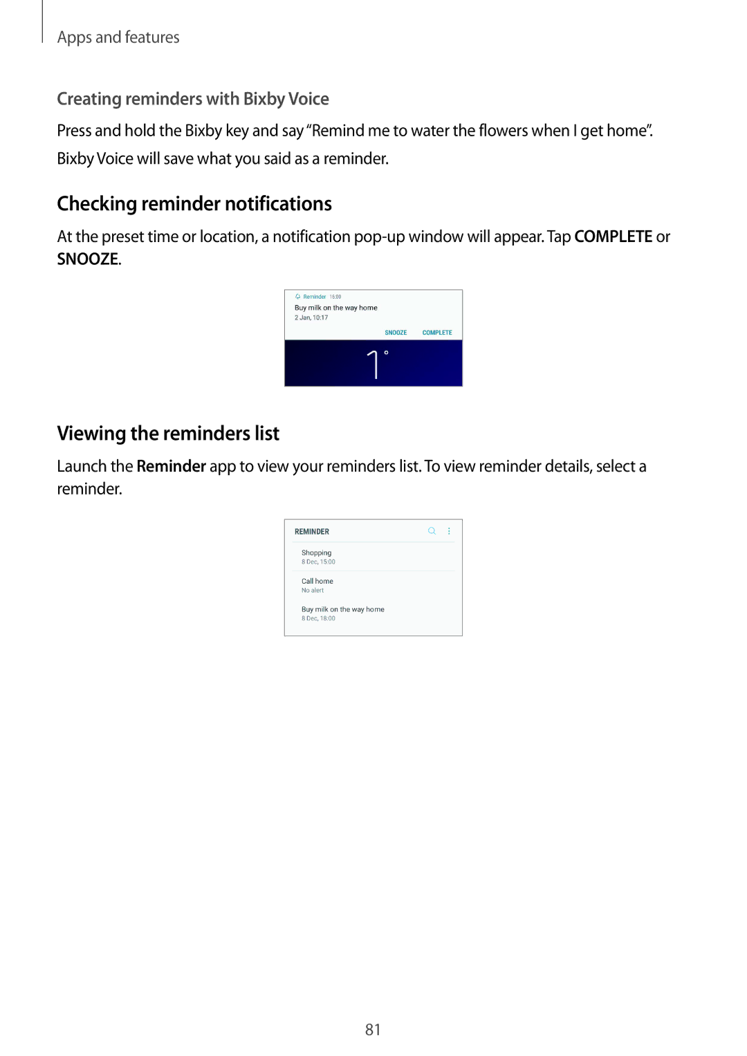 Samsung SM-G960FZPDNEE Checking reminder notifications, Viewing the reminders list, Creating reminders with Bixby Voice 