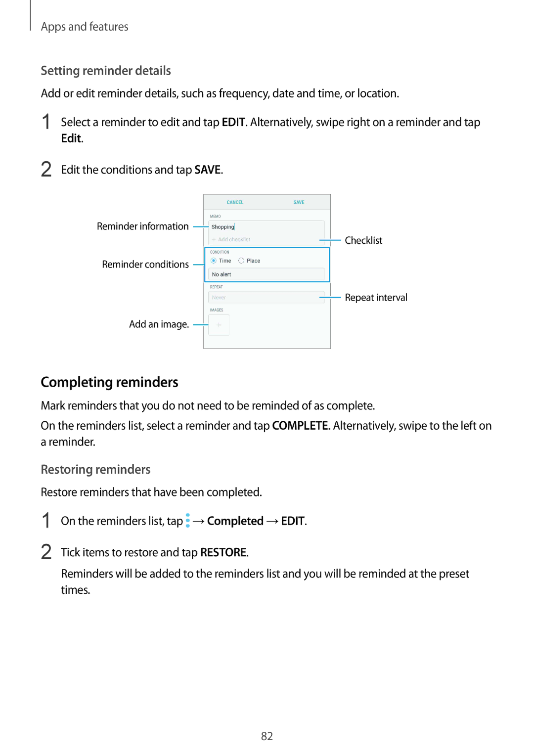 Samsung SM-G965FZBDNEE, SM-G960FZPDDBT manual Completing reminders, Setting reminder details, Restoring reminders, Edit 