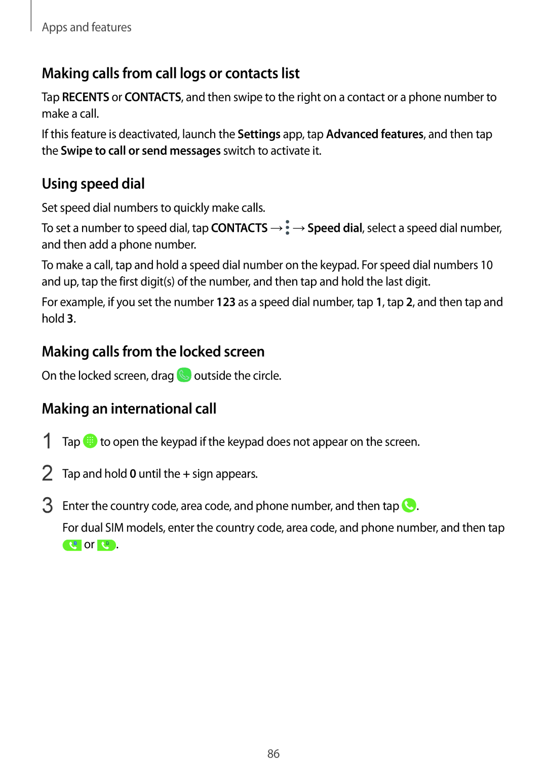 Samsung SM-G965FZKDSEB Making calls from call logs or contacts list, Using speed dial, Making calls from the locked screen 