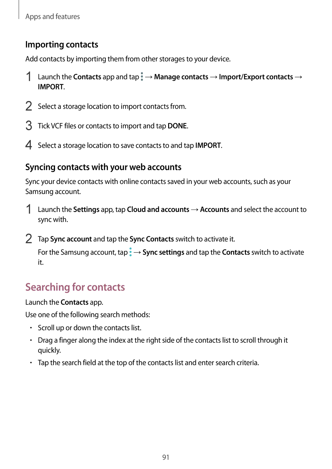 Samsung SM-G960FZBAVGR, SM-G960FZPDDBT Searching for contacts, Importing contacts, Syncing contacts with your web accounts 