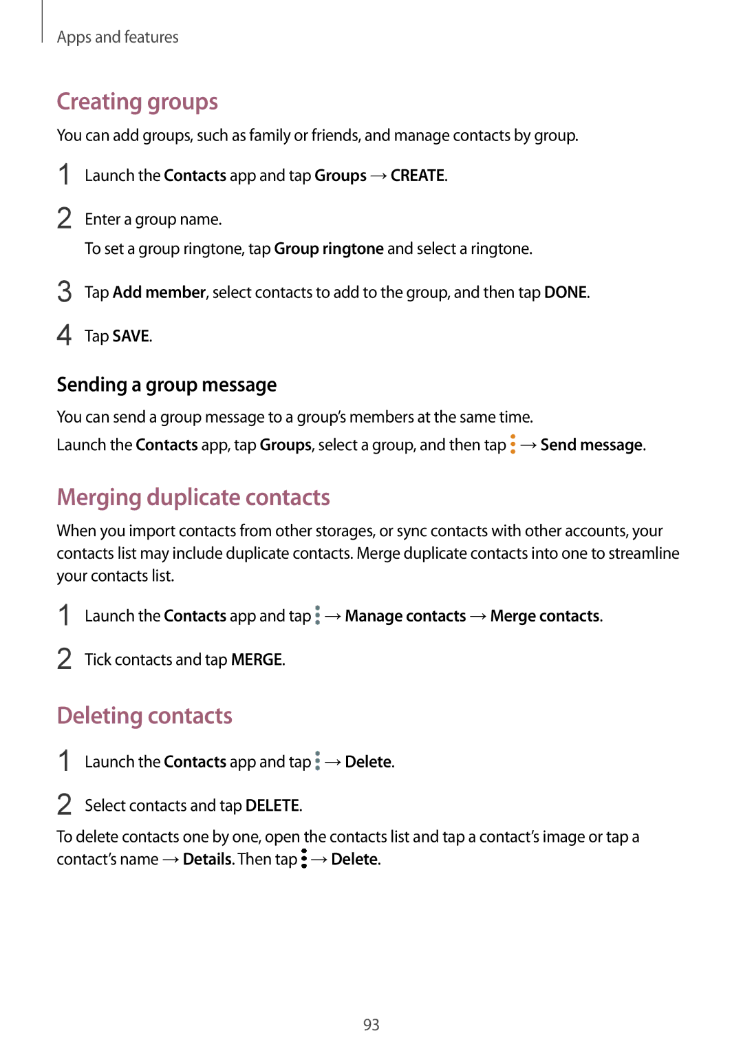 Samsung SM-G965FZBAVGR manual Creating groups, Merging duplicate contacts, Deleting contacts, Sending a group message 