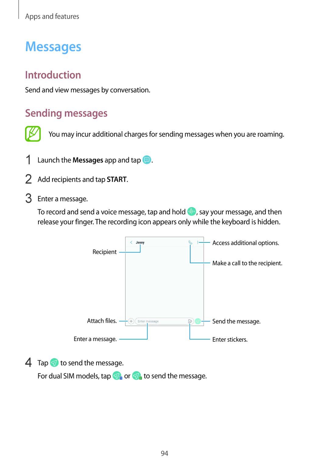 Samsung SM-G965FZKDEUR, SM-G960FZPDDBT manual Messages, Sending messages, Send and view messages by conversation, Tap 
