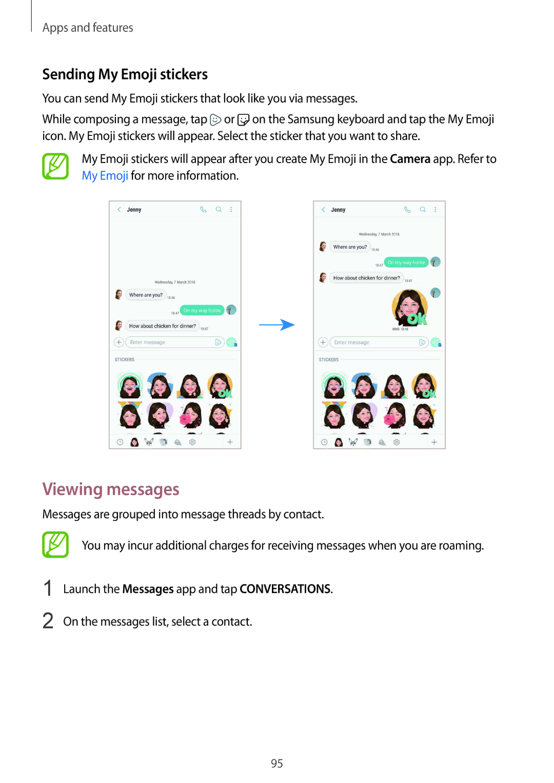 Samsung SM-G965FZBDVGR, SM-G960FZPDDBT, SM-G960FZAHDBT, SM-G960FZBDDBT manual Viewing messages, Sending My Emoji stickers 