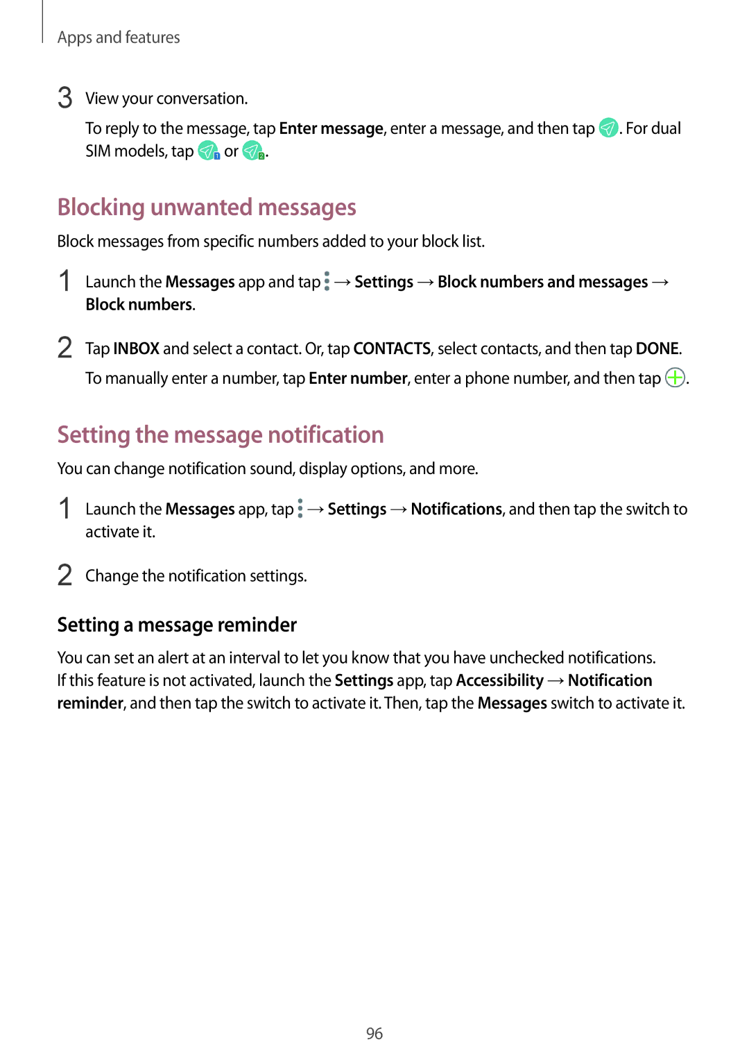 Samsung SM-G965FZKDVGR manual Blocking unwanted messages, Setting the message notification, Setting a message reminder 