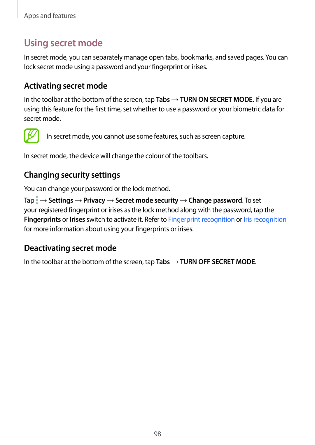 Samsung SM-G965FZBDEUR Using secret mode, Activating secret mode, Changing security settings, Deactivating secret mode 