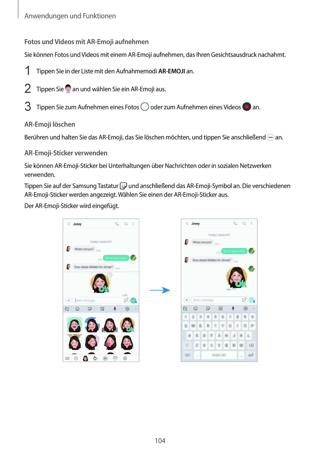 Samsung SM-G965FZBDDBT manual Fotos und Videos mit AR-Emoji aufnehmen, AR-Emoji löschen, AR-Emoji-Sticker verwenden 