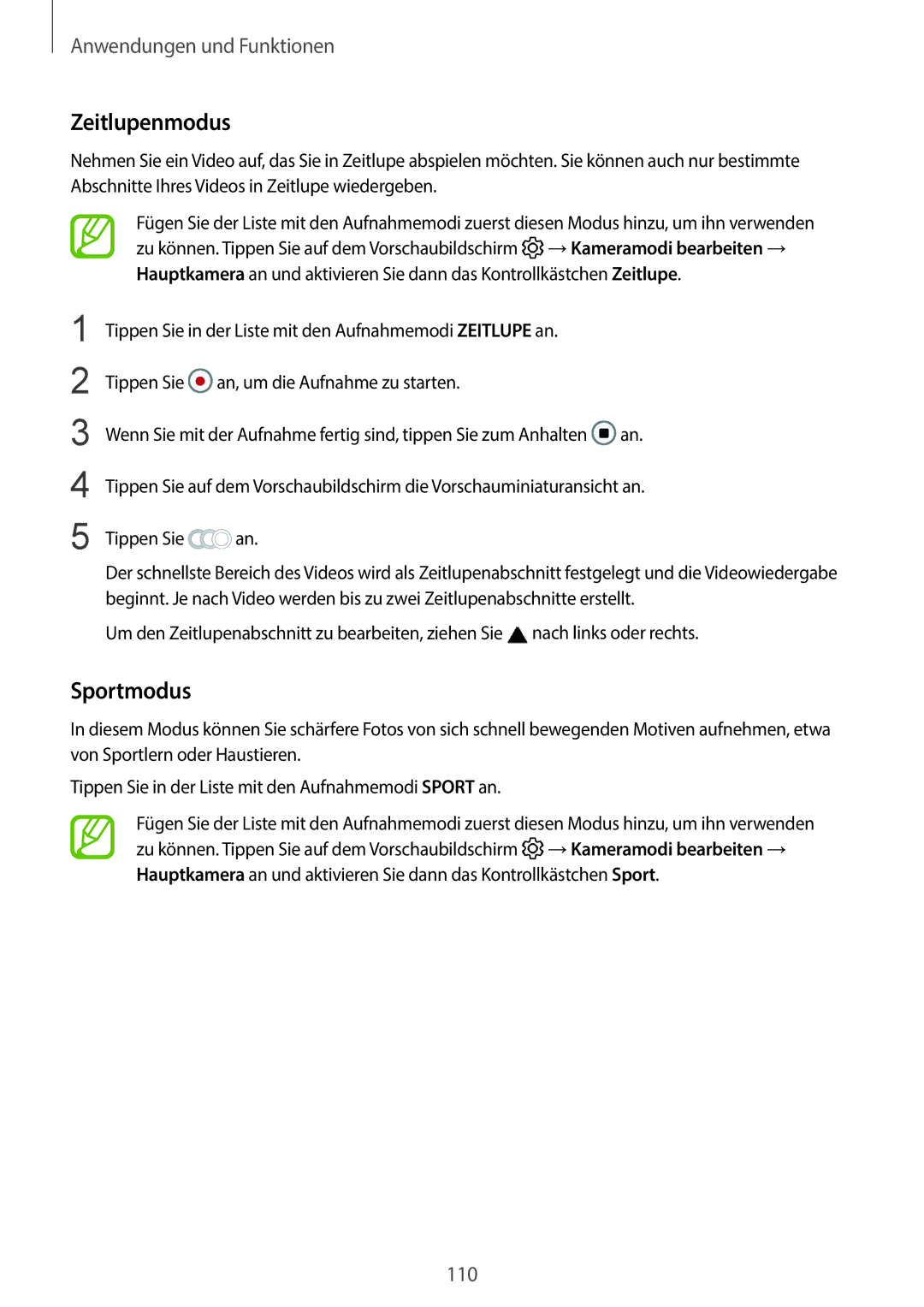 Samsung SM-G960FZKHDBT, SM-G960FZPDDBT, SM-G960FZAHDBT, SM-G960FZBDDBT, SM-G960FZBADBT manual Zeitlupenmodus, Sportmodus 