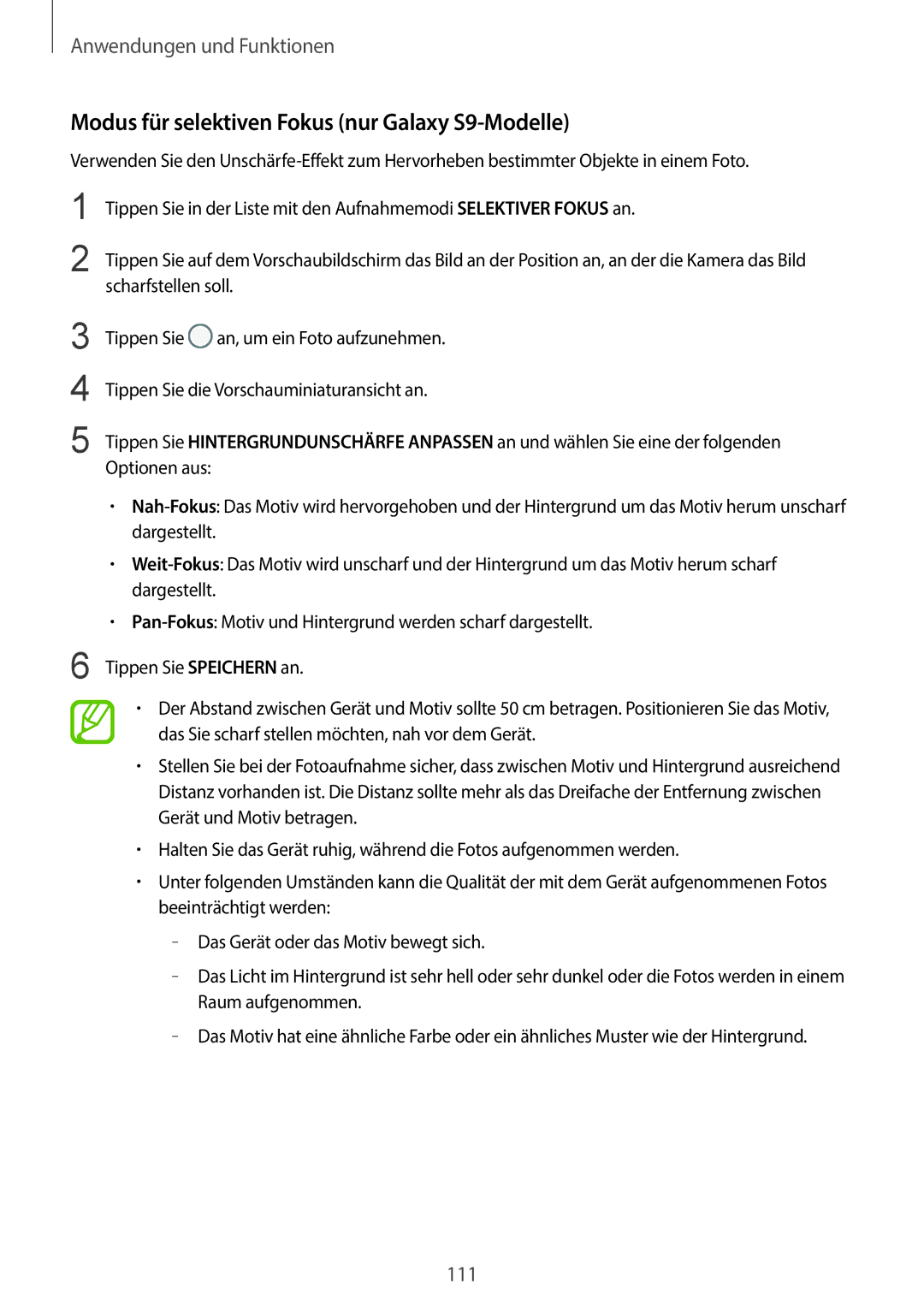 Samsung SM-G960FZKDDBT, SM-G960FZPDDBT, SM-G960FZAHDBT, SM-G960FZBDDBT manual Modus für selektiven Fokus nur Galaxy S9-Modelle 