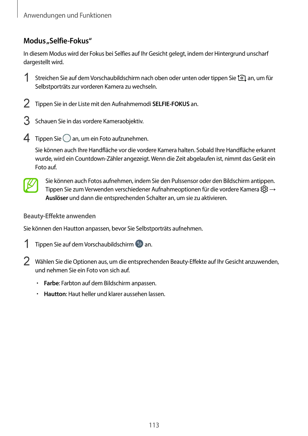 Samsung SM-G960FZAHDBT, SM-G960FZPDDBT, SM-G960FZBDDBT, SM-G960FZBADBT, SM-G960FZPADBT, SM-G965FZKADBT manual Modus„Selfie-Fokus 