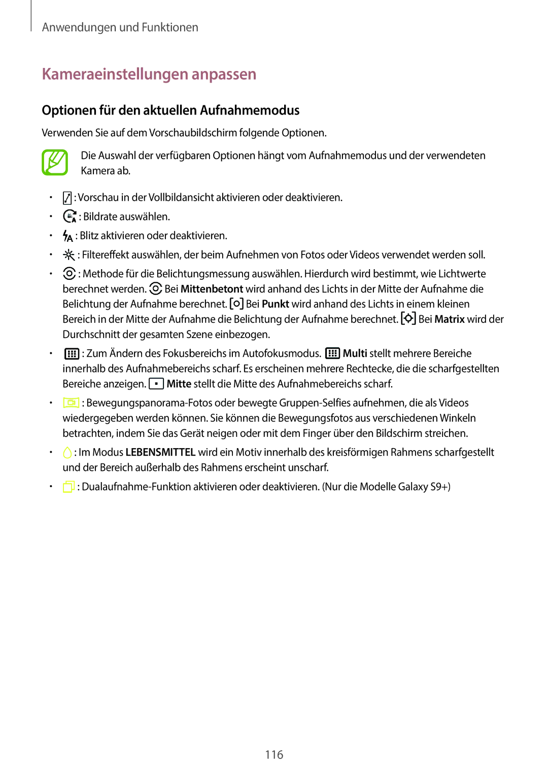 Samsung SM-G960FZPADBT, SM-G960FZPDDBT manual Kameraeinstellungen anpassen, Optionen für den aktuellen Aufnahmemodus 