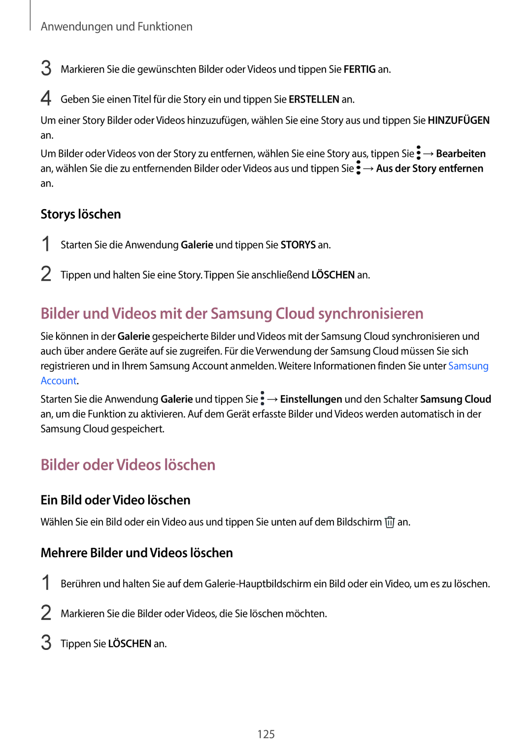 Samsung SM-G965FZKDDBT Bilder und Videos mit der Samsung Cloud synchronisieren, Bilder oder Videos löschen, Storys löschen 