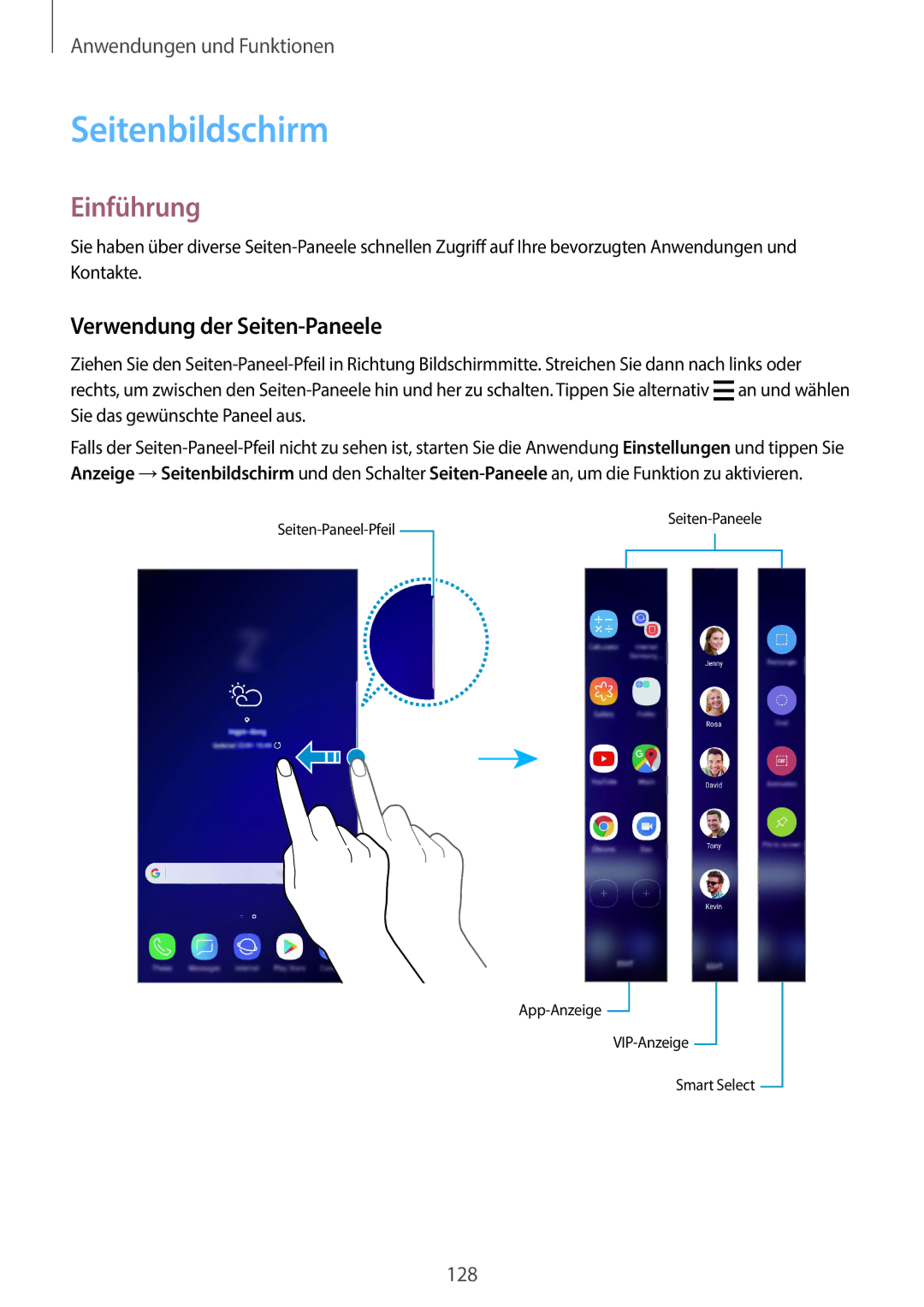 Samsung SM-G960FZPDDBT, SM-G960FZAHDBT, SM-G960FZBDDBT, SM-G960FZBADBT manual Seitenbildschirm, Verwendung der Seiten-Paneele 