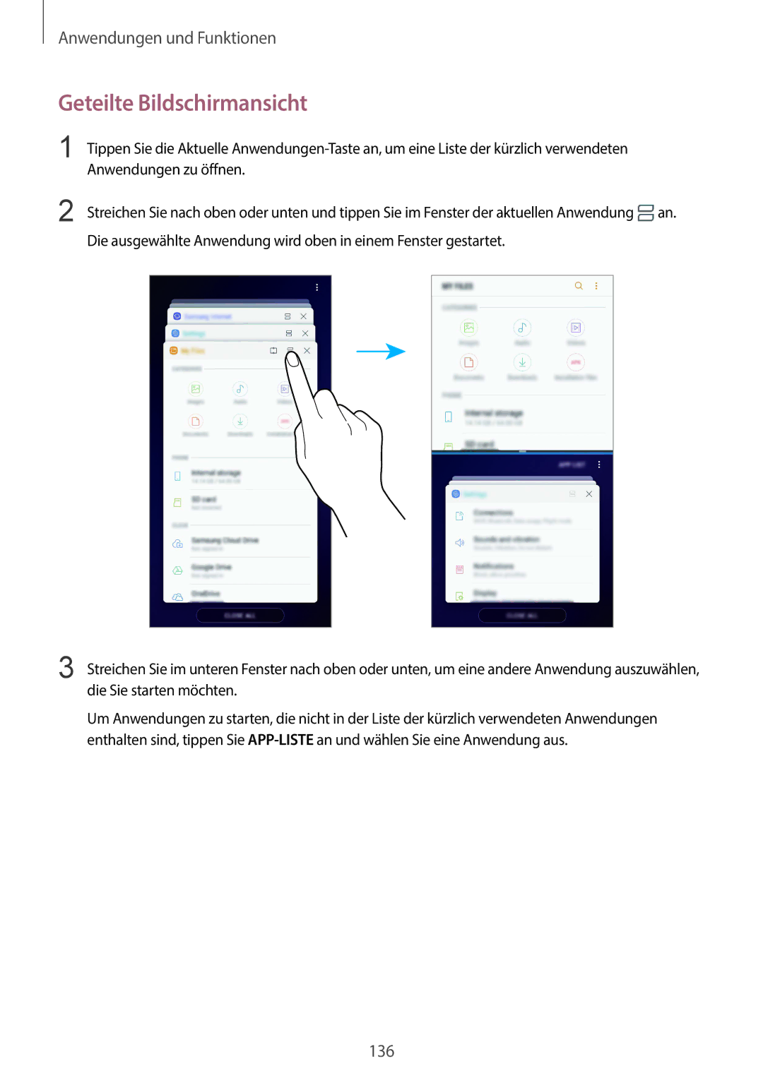 Samsung SM-G965FZBDDBT, SM-G960FZPDDBT, SM-G960FZAHDBT, SM-G960FZBDDBT Geteilte Bildschirmansicht, Anwendungen zu öffnen 