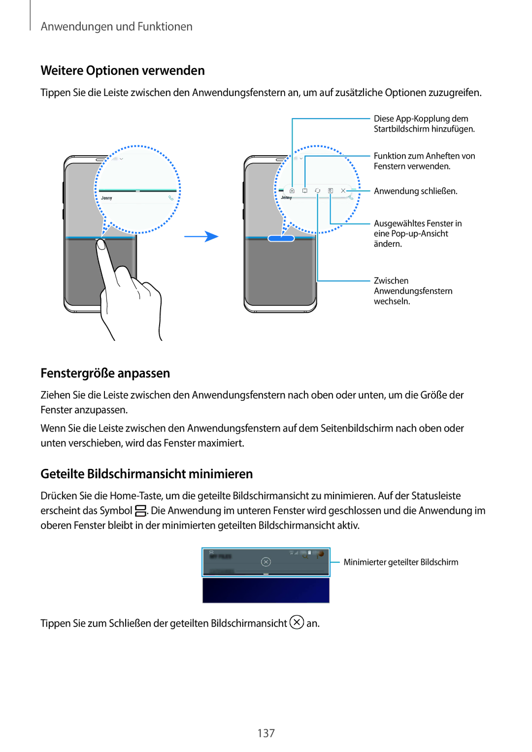 Samsung SM-G965FZKHDBT manual Weitere Optionen verwenden, Fenstergröße anpassen, Geteilte Bildschirmansicht minimieren 