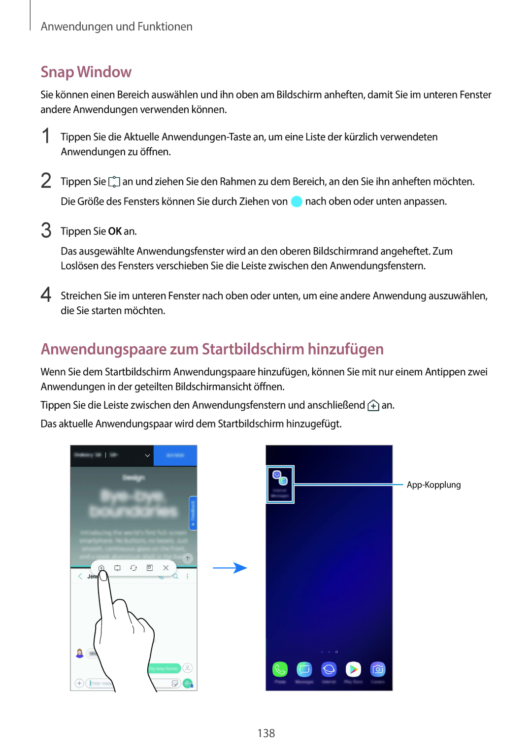 Samsung SM-G965FZPDDBT, SM-G960FZPDDBT manual Snap Window, Anwendungspaare zum Startbildschirm hinzufügen, Tippen Sie OK an 